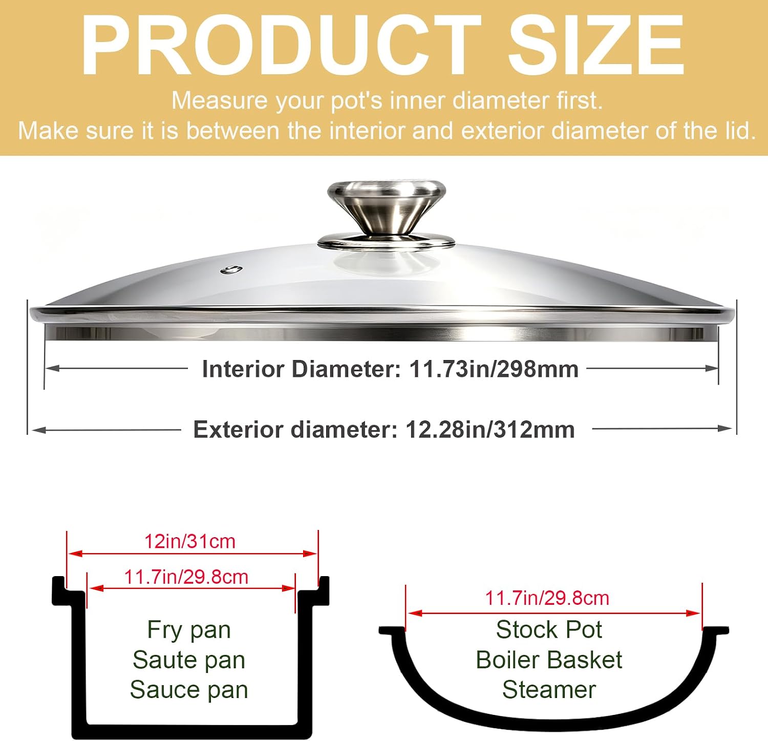 12 Inch Tempered Glass Lid for Cast Iron Skillets & Pots, Shatterproof Universal Pan Cover with Steam Vent, Round Stainless Steel Handle & Cleaning Brush (Fits 12" Skillet, Wok pan, Dutch Oven, Pot)