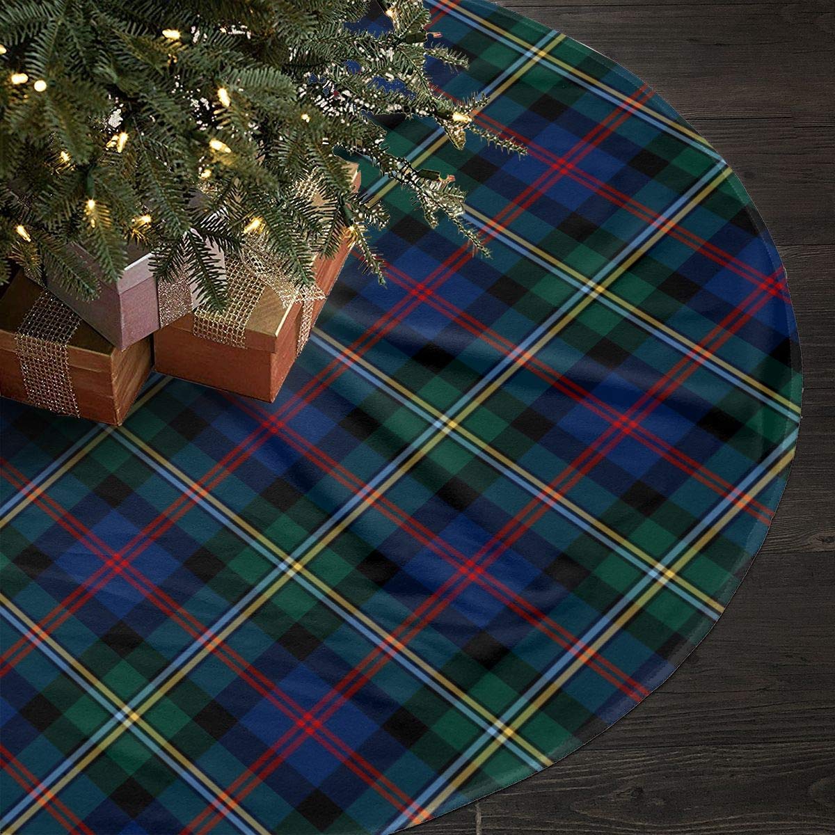 ALASFC Christmas Tree Skirt 35.5 Inch,Malcolm Family Tartan Dark Blue and Green Plaid Print Rustic Xmas Tree Holiday Decorations