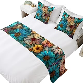 Bed Runner for Cal. King Size Bed, Orange Blue Spring Floral Decorative Beds Runners and 2 Matching Pillow Covers Set, Daisy Wildflowers Pastoral Beds Scarf Throw for Foot of Bedding Set for Hotel