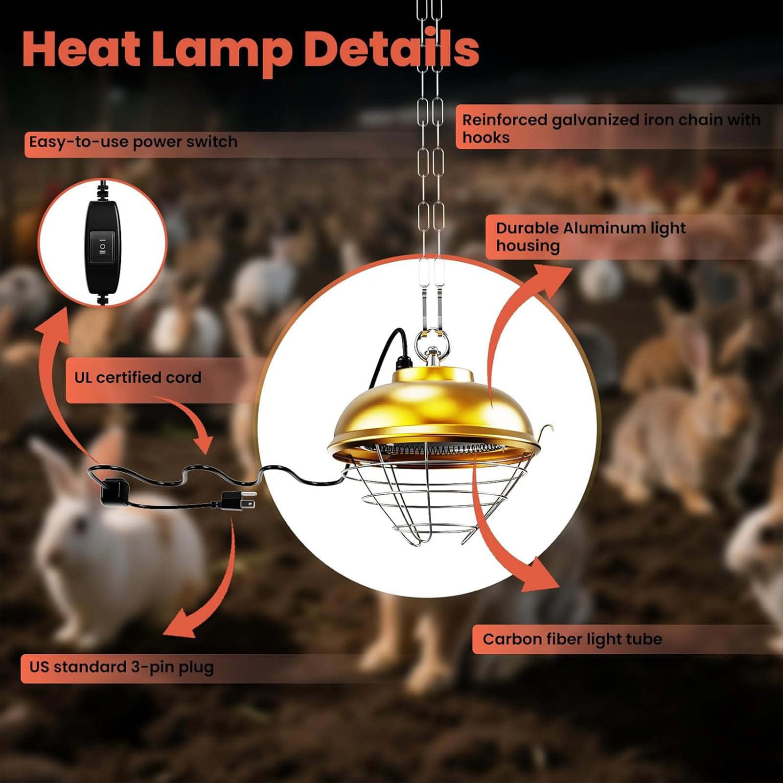 Calentador de gallinero, lámpara de calor para pollos de 550 W, bobina calefactora de fibra de carbono, con temperatura de calentamiento ajustable, altura para colgar, pantalla de aleación de aluminio