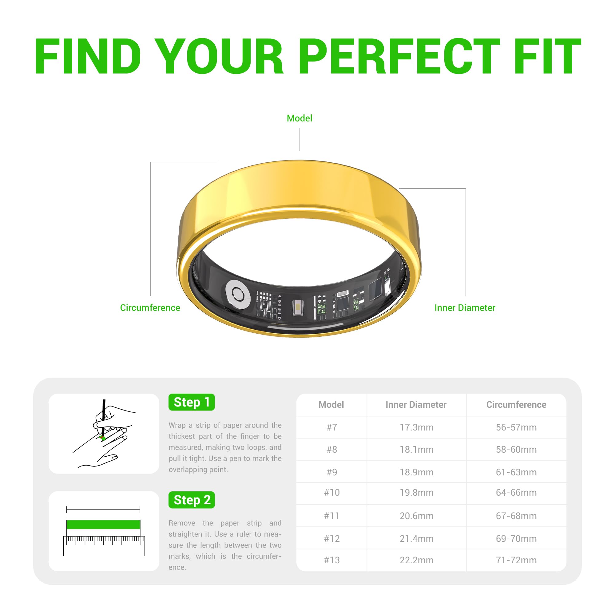 Smart Ring - Monitoraggio del sonno SpO2 con cardiofrequenzimetro gratuito | Nessun abbonamento | Fitness Tracker impermeabile IP68 | Monitoraggio attività 24/7 | Contapassi e monitoraggio dello