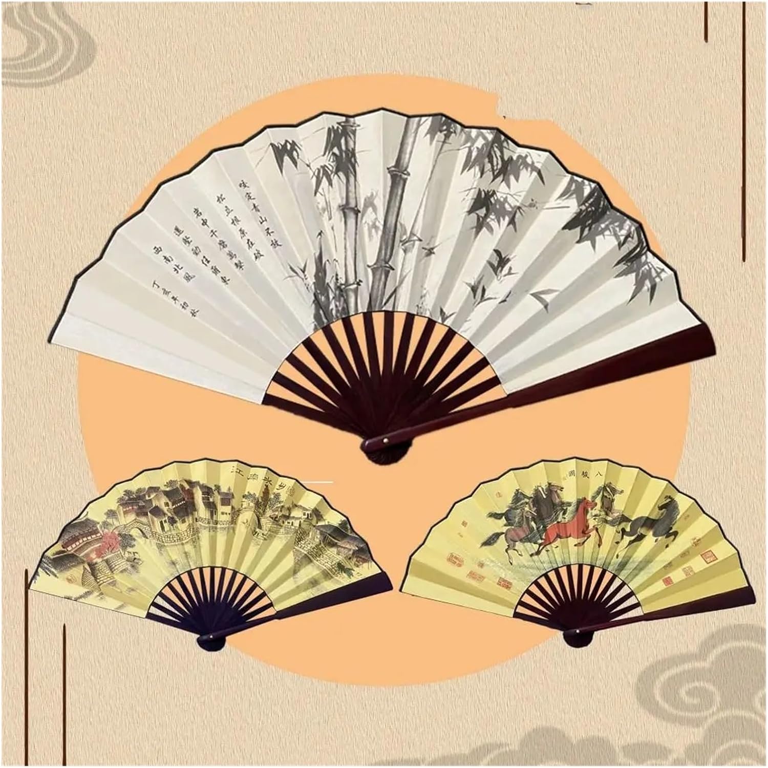 Handle Folding Fan Silk Cloth Traditional Painting Hand Fan Laser Engraving Retro Style