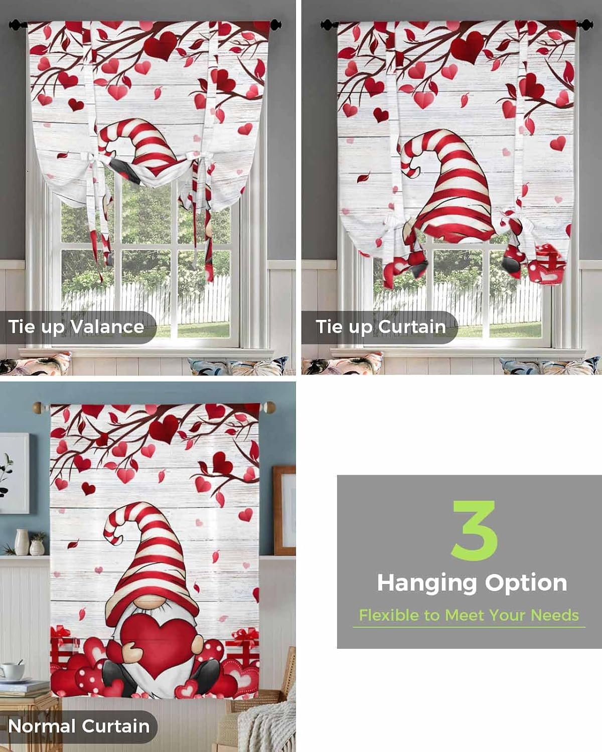 Yukro Tie Up Curtains Window Shades, Valentine's Day Romantic Gnome Love Tree Wooden Rod Pocket Tie Up Window Shade, Adjustable Balloon Curtain Shade for Blinds Kitchen Bathroom, 1 Panel, 52"x63"