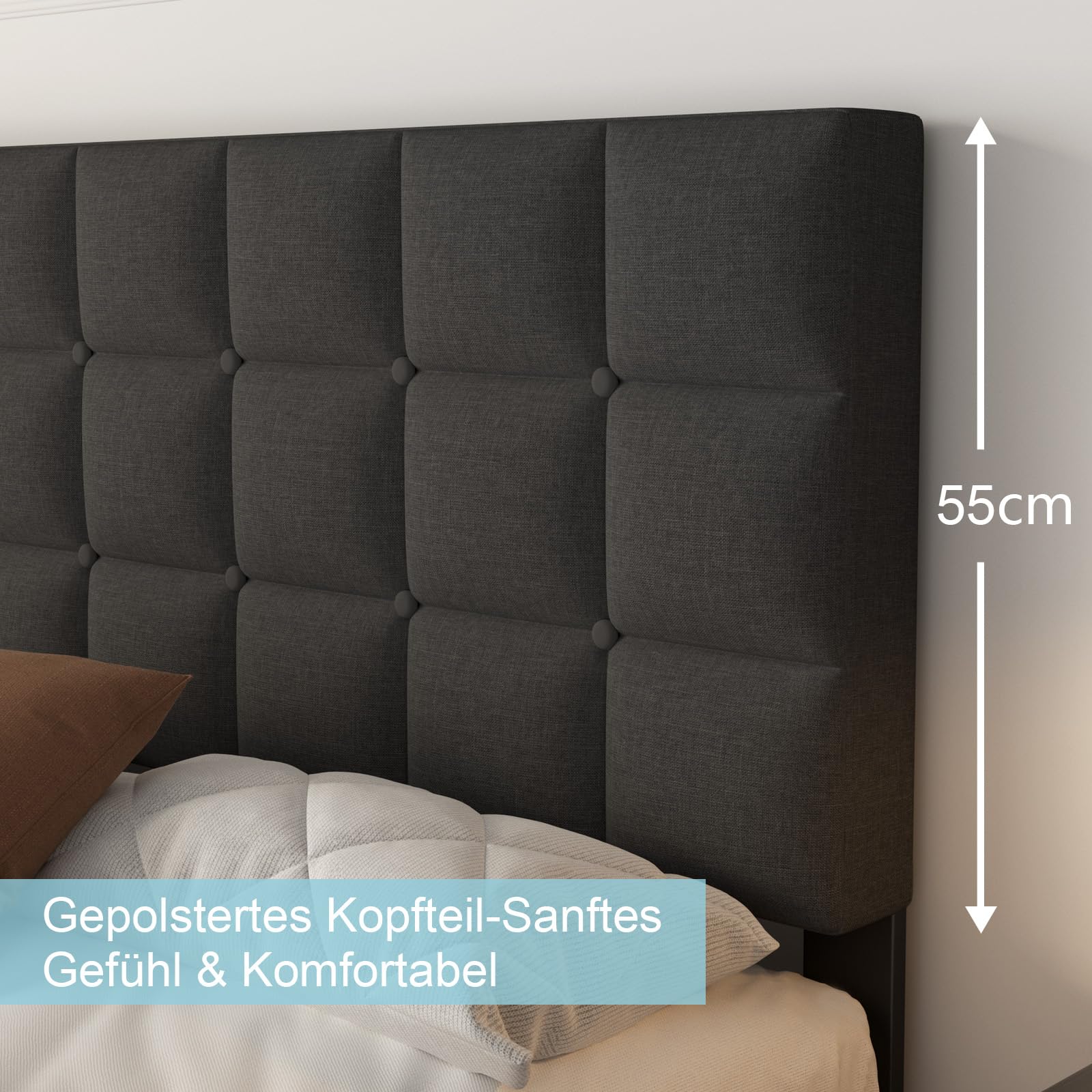 Yocreat Polsterbett 140x200cm Doppelbett, Bettrahmen mit Kopfteil und Lattenrost, Höhe 30 cm Bettgestell, Dunkelgrau