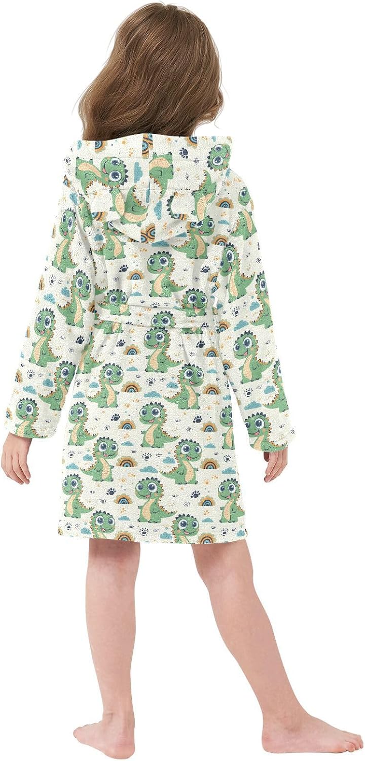 senya Green Dinosaur Rainbow Toddler Hooded Bathrobe Kids Soft Plush Bath Towel Robes for Boys Girls 2-12 Years