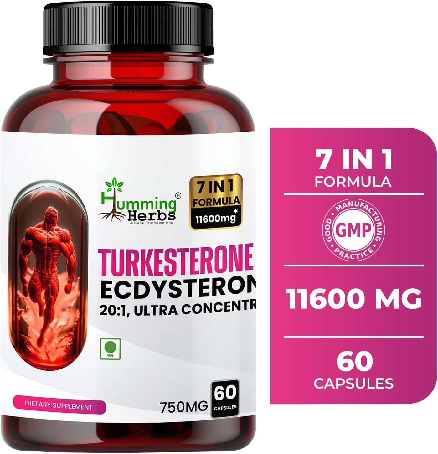Humming Herbs Turkesterone Ecdysterone Ajuga Turkestanica Supplement with Tongkat Ali Horny Goat weed & maca | Boost Muscle Growth, Memory Support - 60 Capsules