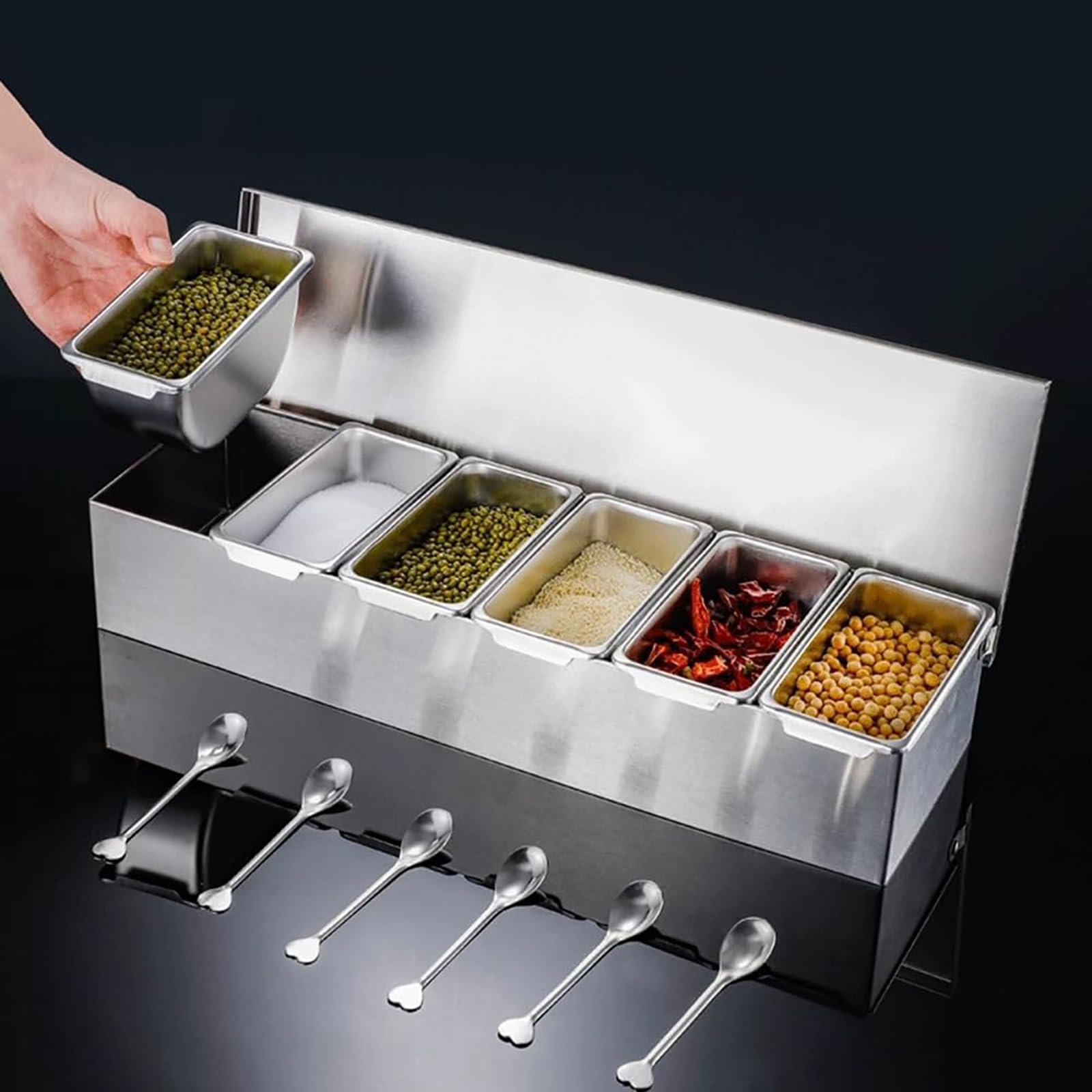 Set di 6 ripiani da cucina con vassoi e cucchiaio, soluzione organizzata per un facile accesso e una sistemazione ordinata, perfetto per uso domestico e ristorante