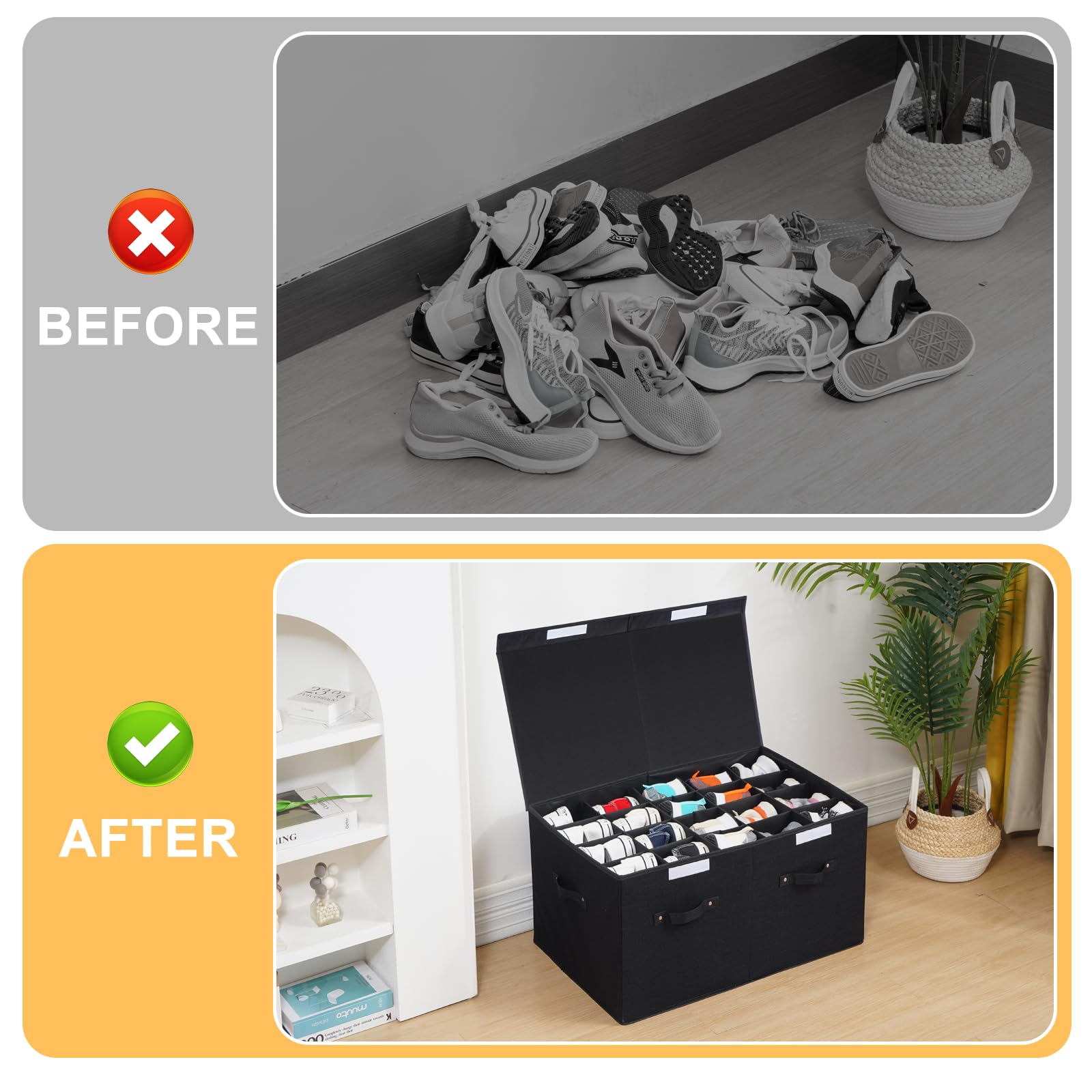 Organizador de zapatos para armario para 20 pares, caja de almacenamiento grande para zapatos con tapa y separadores ajustables para zapatos, tenis y tacón alto, carcasa dura y apilable (negro)