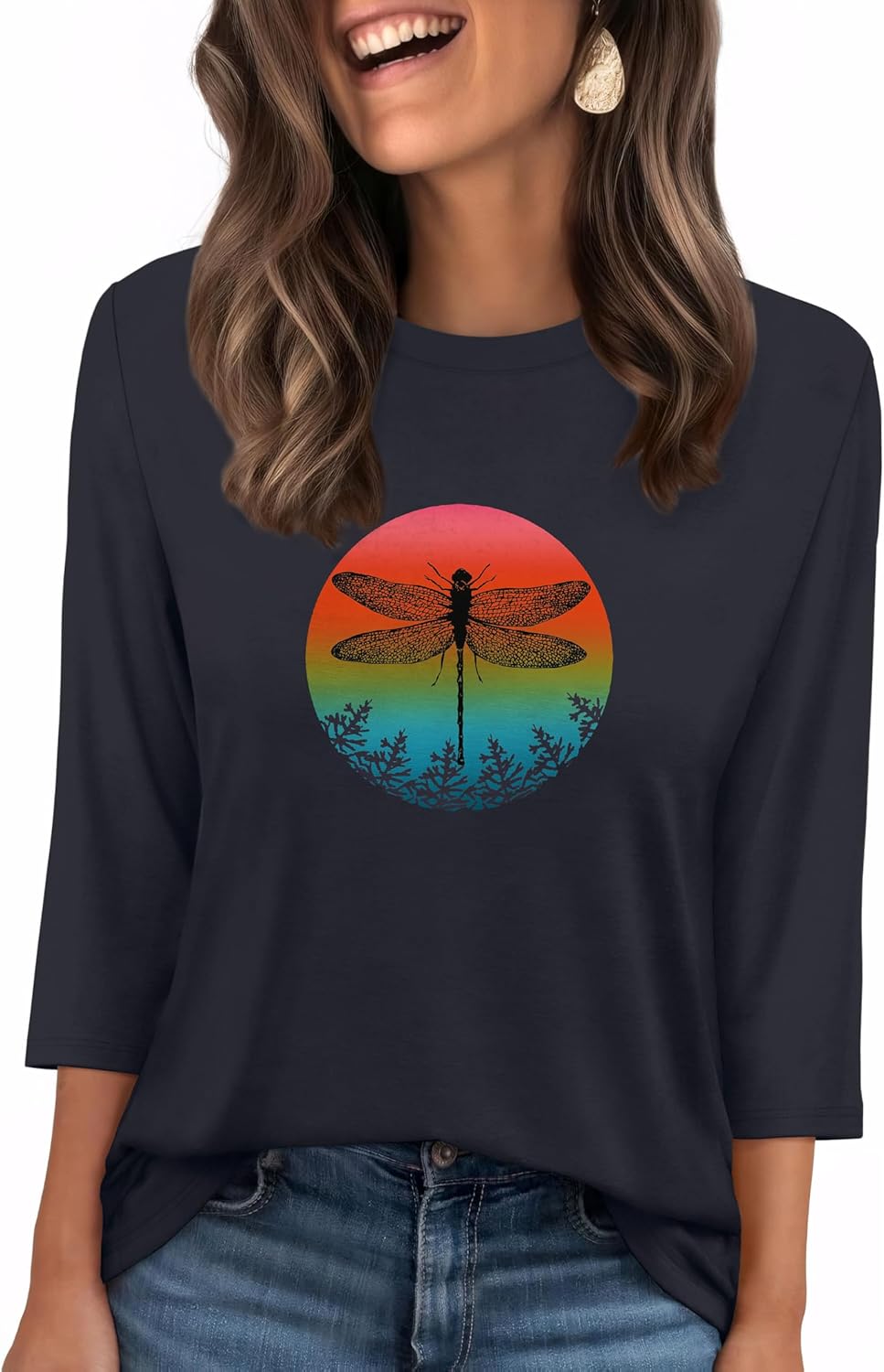 WIHOLL Womens 3/4 Length Sleeve Tops Crewneck Graphic Tees Casual Tunic Tops to Wear with Leggings Fashion Clothing Outfits