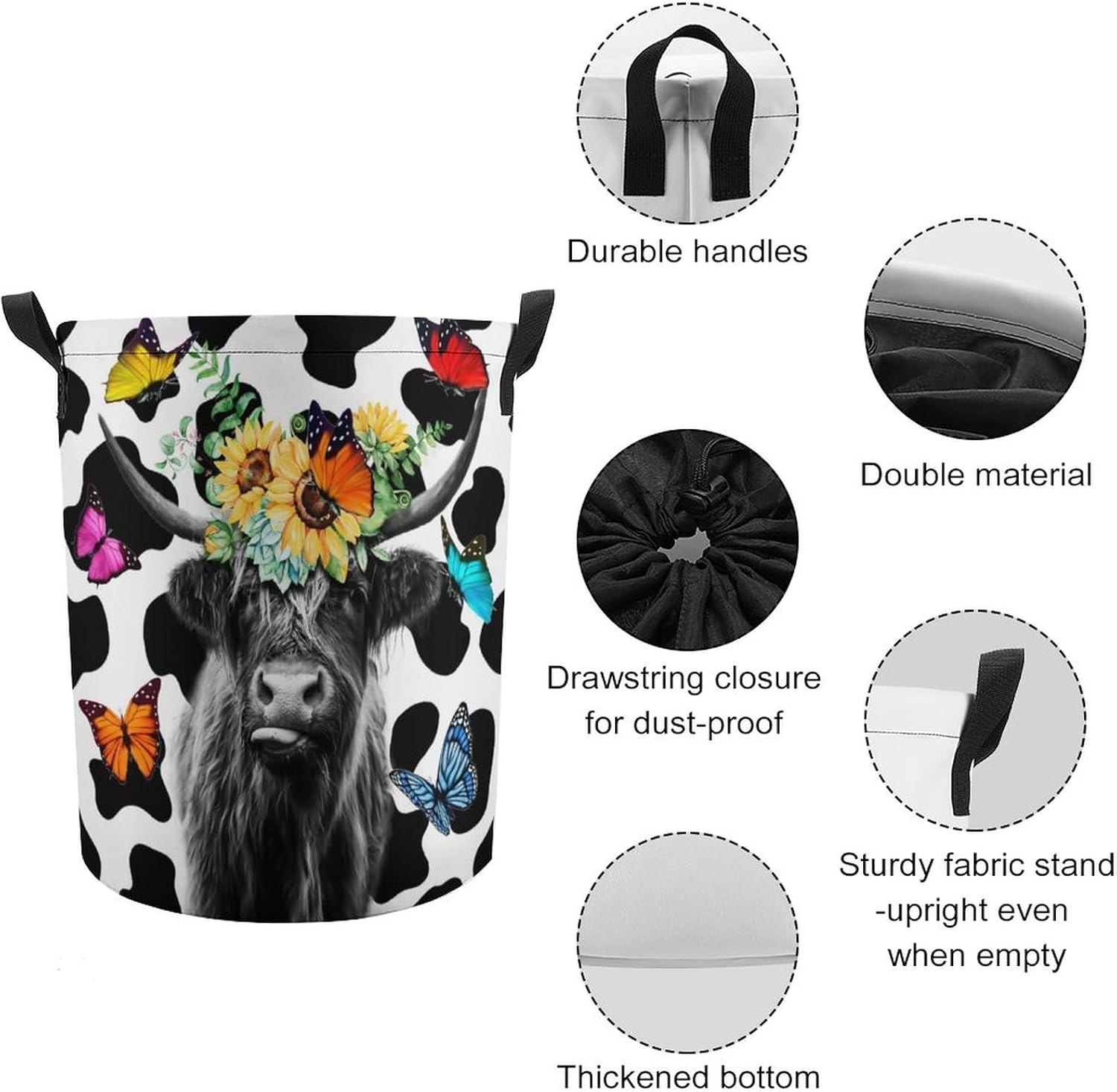 Highland Cow Waterproof Oxford Cloth Laundry Basket Funny Rustic Farmhouse Farm Animal with Sunflower Butterfly for Dorm Family Travel One Size