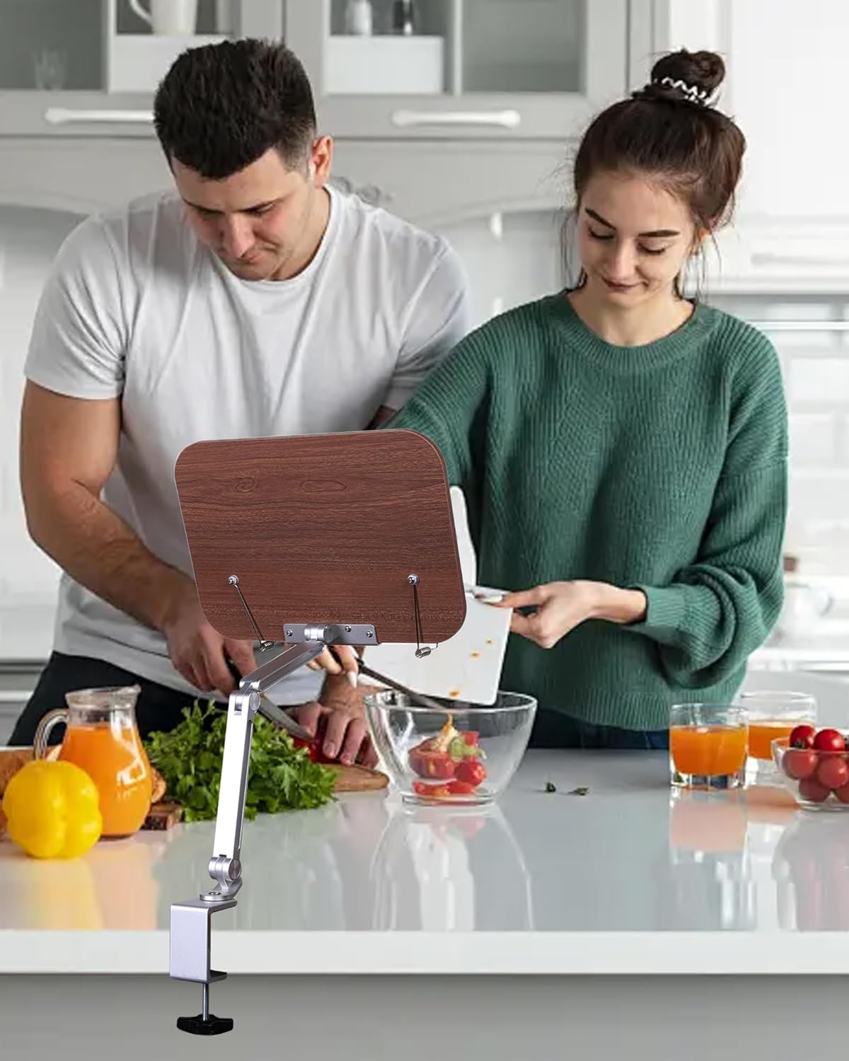 ASIEIT Book Stand with Clamp, Book Holder Adjustable Height & Angle, Cookbook Stand for Kitchen, Recipe Book Holder with 360° Swivel Base, Book Stand for Reading, Office, Laptop