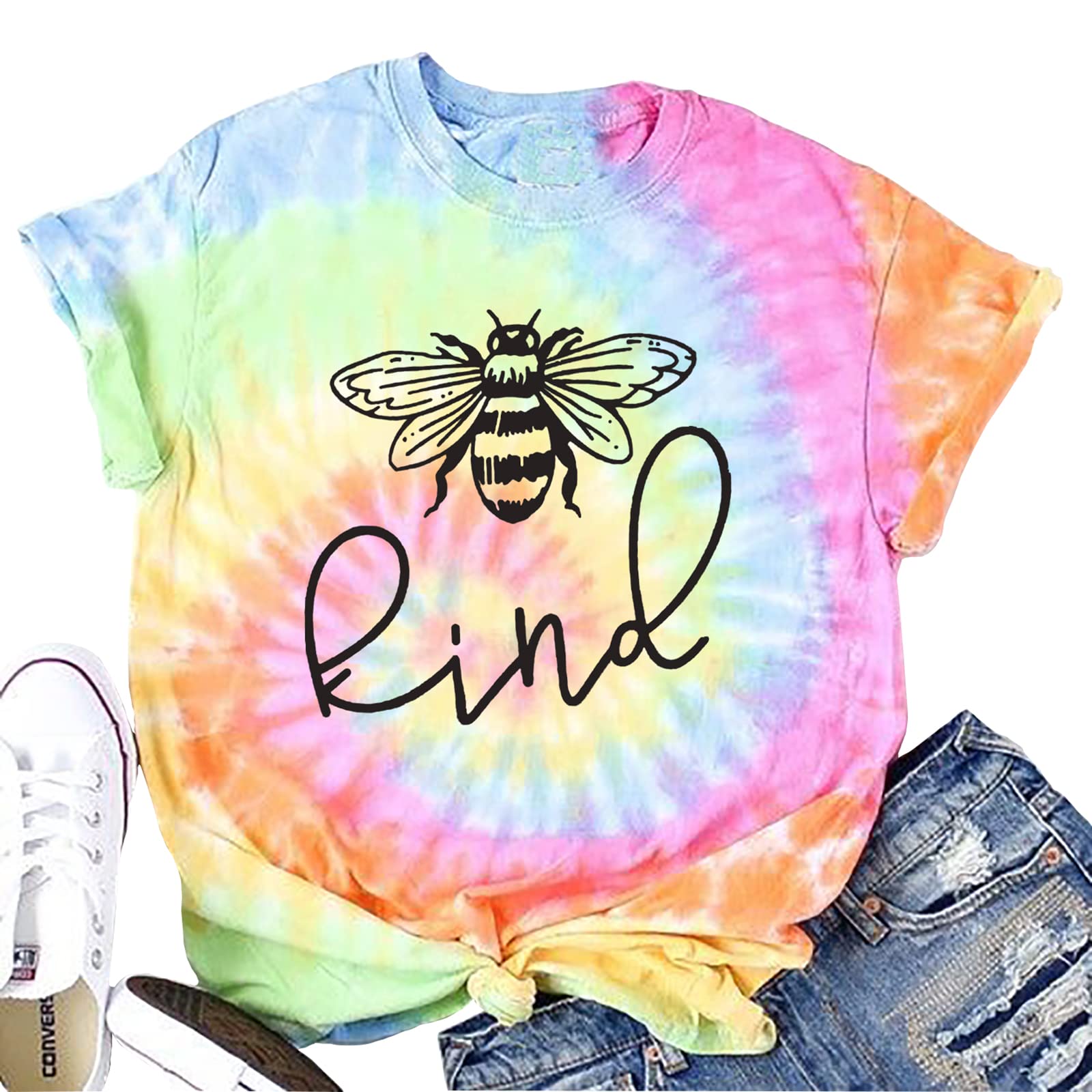 Be Kind Tie Dye T-Shirt for Women Inspirational Graphic Tee Letter Print Casual Short Sleeve Tops