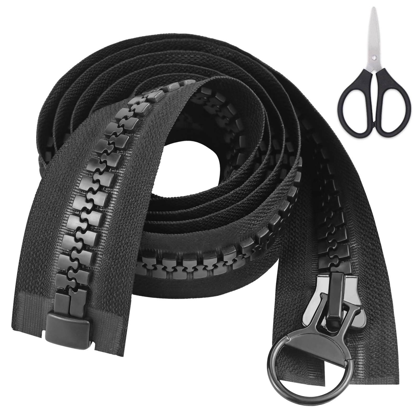 YibangPlastic Zip with Scissors, 150cm Extra Long Zips Chunky Zip, Large Separable Black Waterproof ZipS Replacement for Jackets, Heavy Duty Open Ended Zips for Coat Down Jacket Sewing Tailor Tents