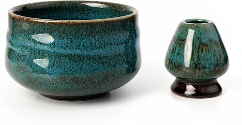Cuenco japonés matcha, cuenco ceremonial esmaltado con soporte para batidor para polvo matcha, té matcha, matcha japonés (azul)