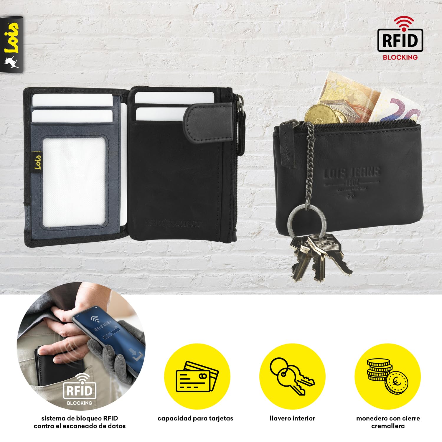 Lois Cartera de Piel Hombre con Monedero Exterior y Tarjetero, Protección RFID, Negro-Azul