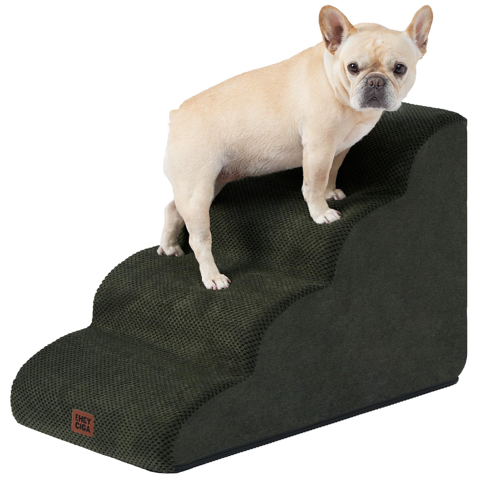 EHEYCIGA Curved Dog Steps for Bed, 4-Step Dog Stairs for Sofa, 33D Density Foam Pet Steps for Small Dogs & Cats, Pet Stairs for High Bed, Non-Slip Dog Ramp with Washable Cover, 72x40x50cm, Olive Green โ image 1
