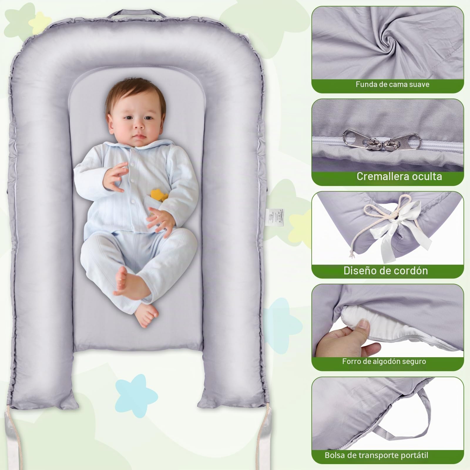 Nido Bebe Recien Nacido,Reductor de Cuna 100% Algodón Plantilla Removible Bebés Capullo de Colecho Cuna de Viaje para Niños y Niñas