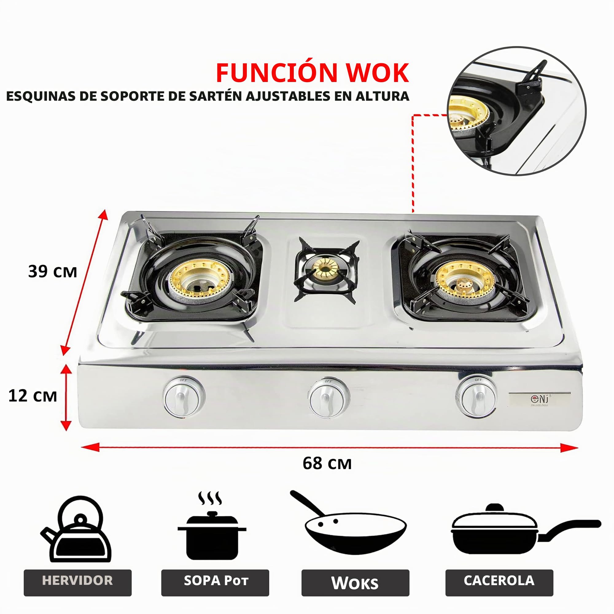 NJ Hornillo de Gas, NGB-300 - Camping Gas de 3 Fuegos para Exterior – Hornillo de Gas para Wok - Cocina Portátil de Gas GLP con Tecnología Eficiente y Encendido Automático, Acero Inoxidable – 8,0 kW