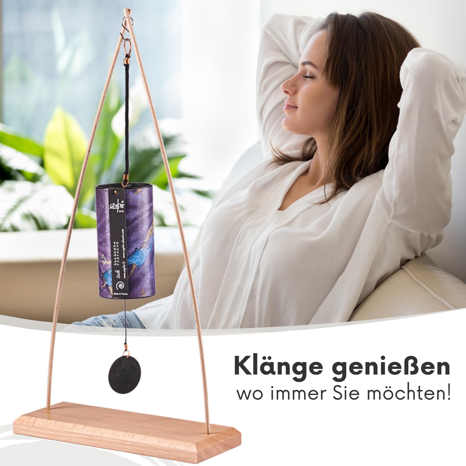 Zaphir Klangspiel Sufi mit Ständer - Klangspielständer Tipi aus Buchenholz - 50 cm Höhe für Yoga, Kinder zur Entspannung und Meditieren