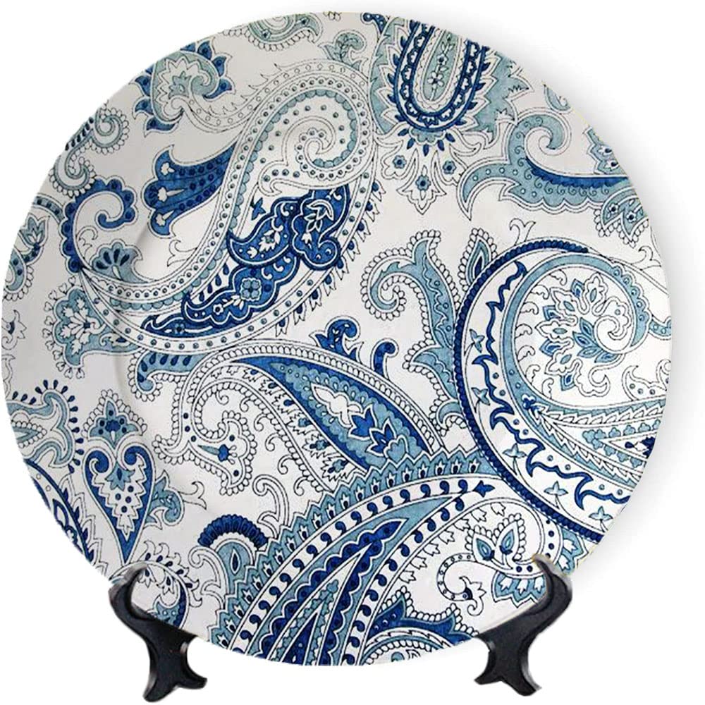 Paisley Plate Hanging Discs, 6", Paisley Style Texture, Round Plate with Display Stand, Ceramic Tile Wall Decor for Home Office Decor