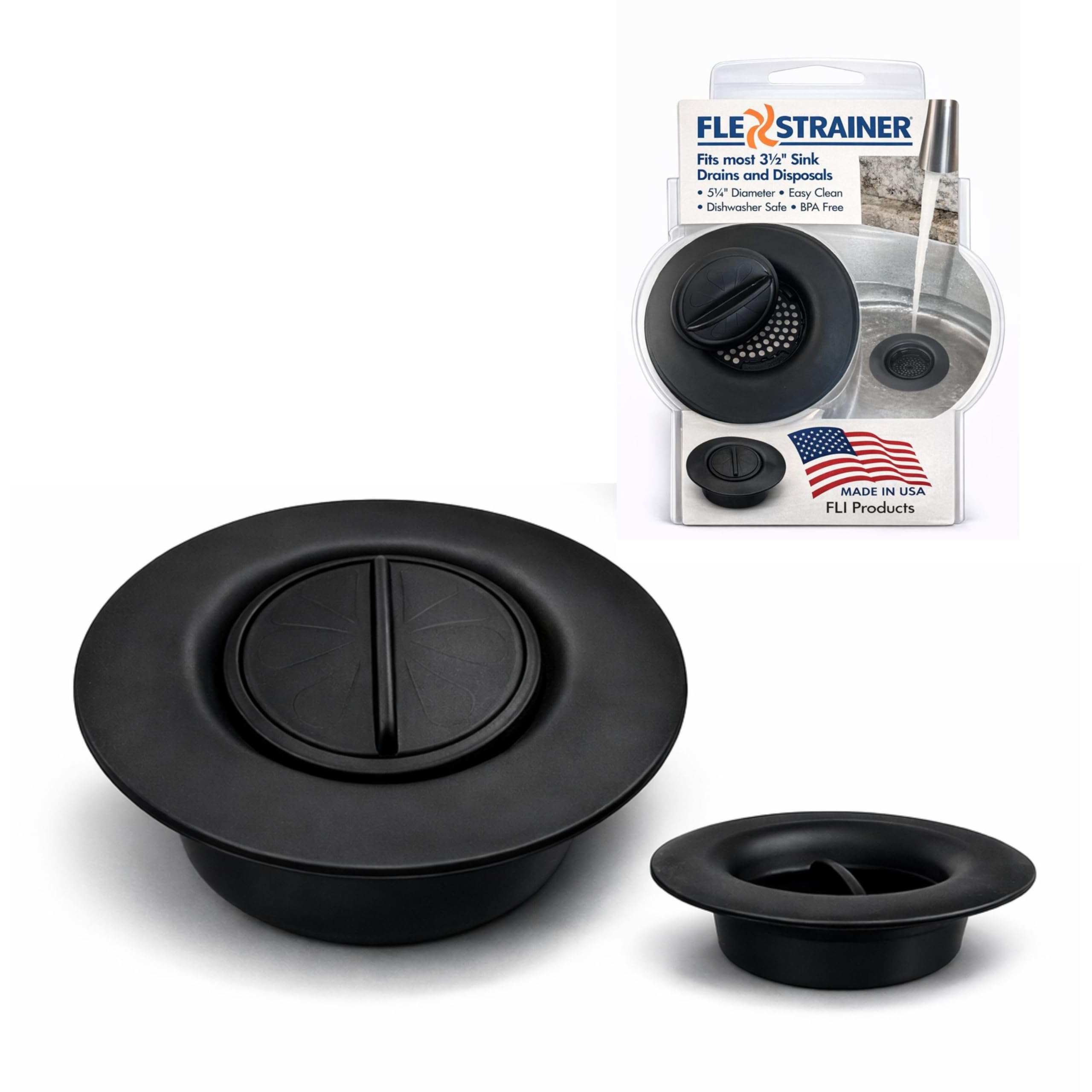 Flex Strainer® Sink Drain Strainer with Optional Stopper – No Center Stem, Fits Standard 3½” Sink Drains & Disposals – Easy Clean, Dishwasher Safe – Made in USA (Black, 1PK)