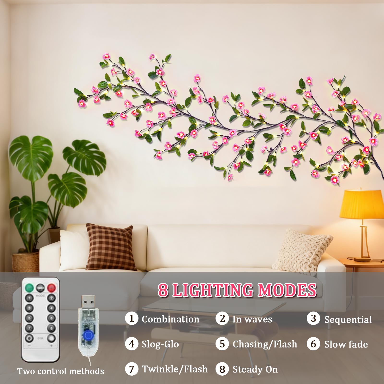 VIMAZ LED Cherry Blossom Tree Branch Lights for Wall,Cherry Blossom Light with Remote,Timer,8 Lighting Modes (2.3m 144LED(with Leaf)) - Image 4