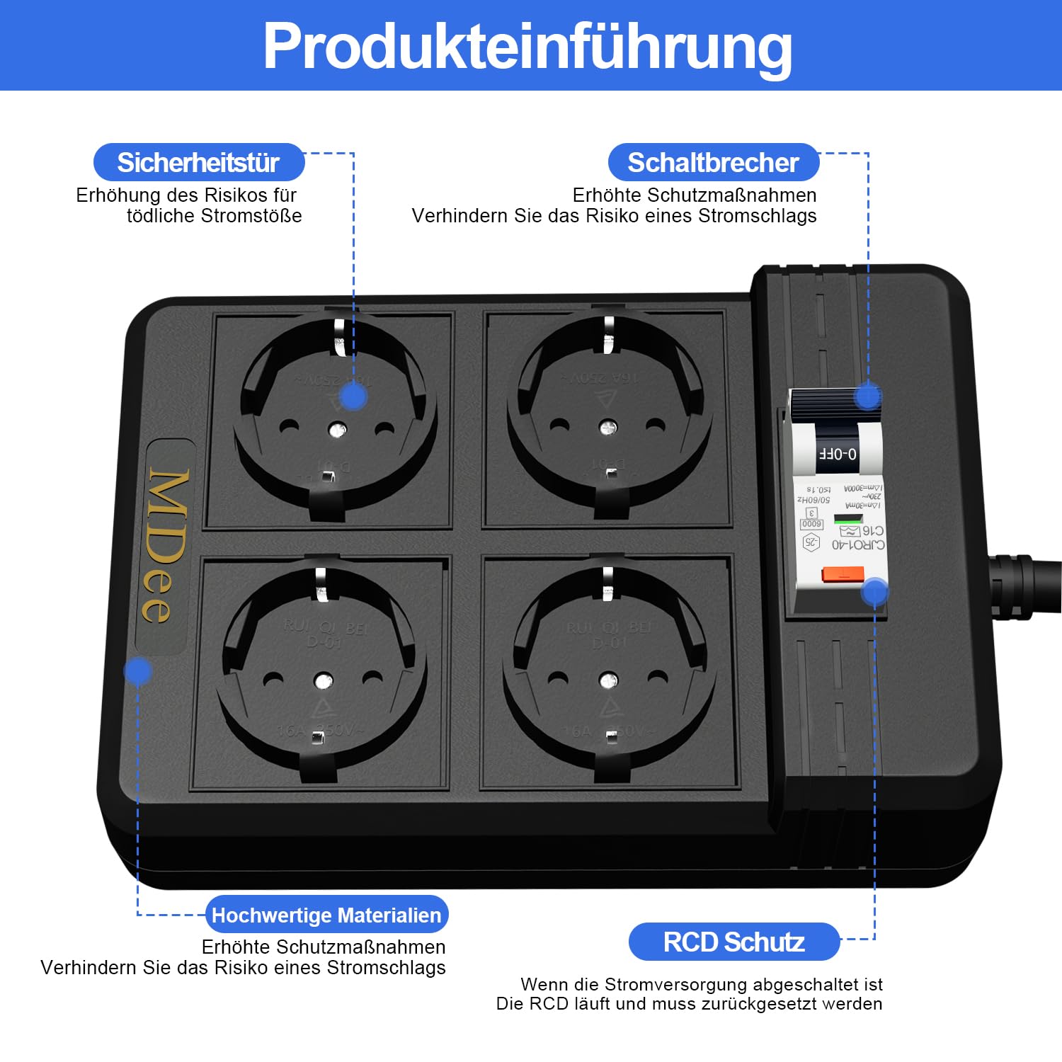 Ciabatta Multipresa RCD con Interruttore Salvavita Integrato, 4 Prese Ciabatta Elettrica, Cavo 3 Metri, 4000W 16 A con Protezione da Sovratensioni, per Elettrodomestici, Utensili, Ufficio (Nero)