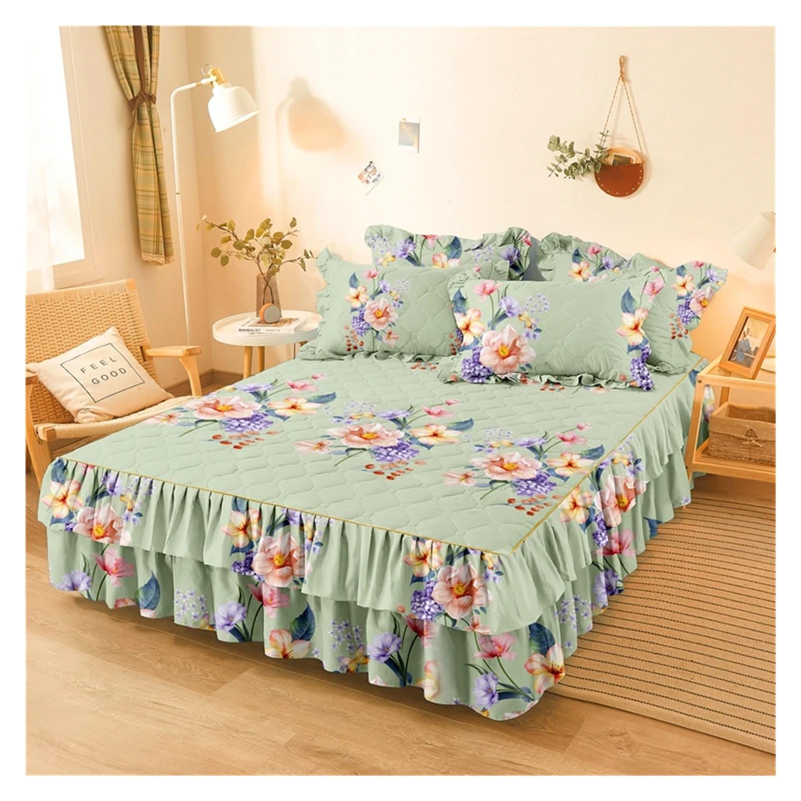 Printed Bed Skirt Quilted Bed Skirt Thick Bedspread Printed Cover Home Mattress Protector No Pillowcase