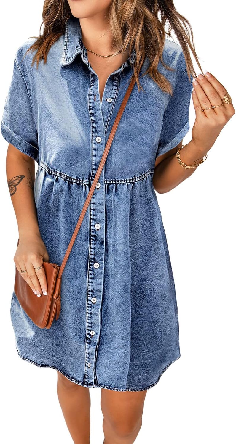 luvamiaWomen's Casual Short Sleeve Button Down Tiered Denim Babydoll Jean Dress