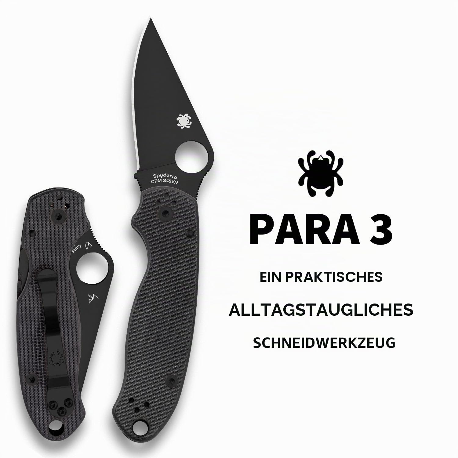Spiderco para 3 Klappmesser Unisex Erwachsene, Schwarz | 18,3 cm Gesamtlänge, 7,44 cm CPM S45VN Stahlklinge, G-10 Griff, Kompression, vollflächiges Mahlen