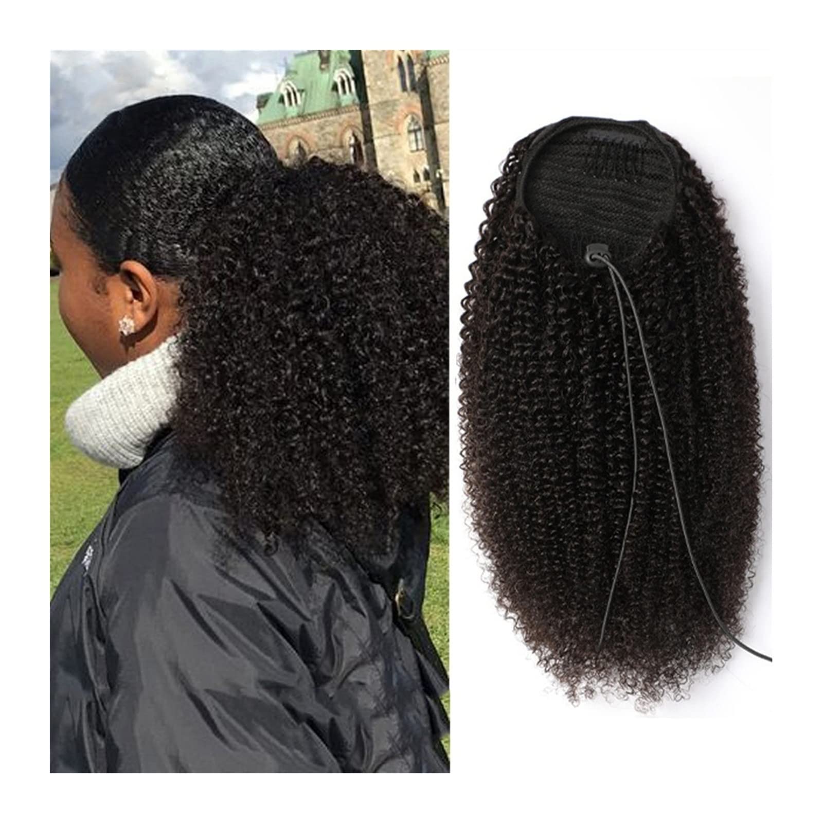 Piezas de Pelo de Moño Para mujer Cola de caballo con cordón de 10-28 pulgadas Cabello real Mongol Negro Rizado Cola de caballo Extensión del cabello Horquilla Peluca de cola de caballo Bollo de pelo