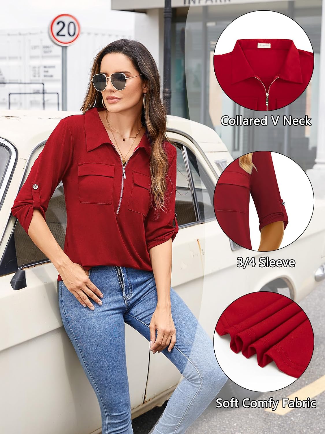 Bulotus Women's 3/4 Sleeve Collared Blouses Business Casual Tops Zip Front V Neck Work Shirts Loose Fit Tunic Tops image 5