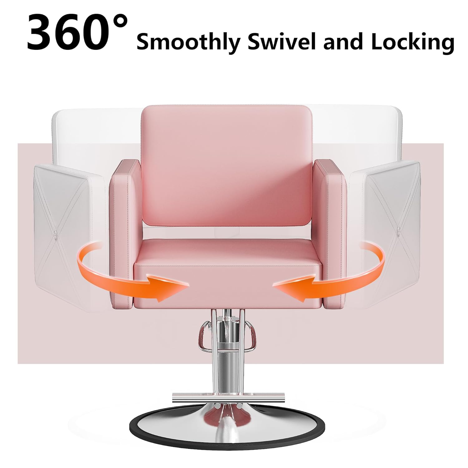 Image showing the salon chair rotating 360 degrees with arrows indicating smooth swivel and locking functionality.