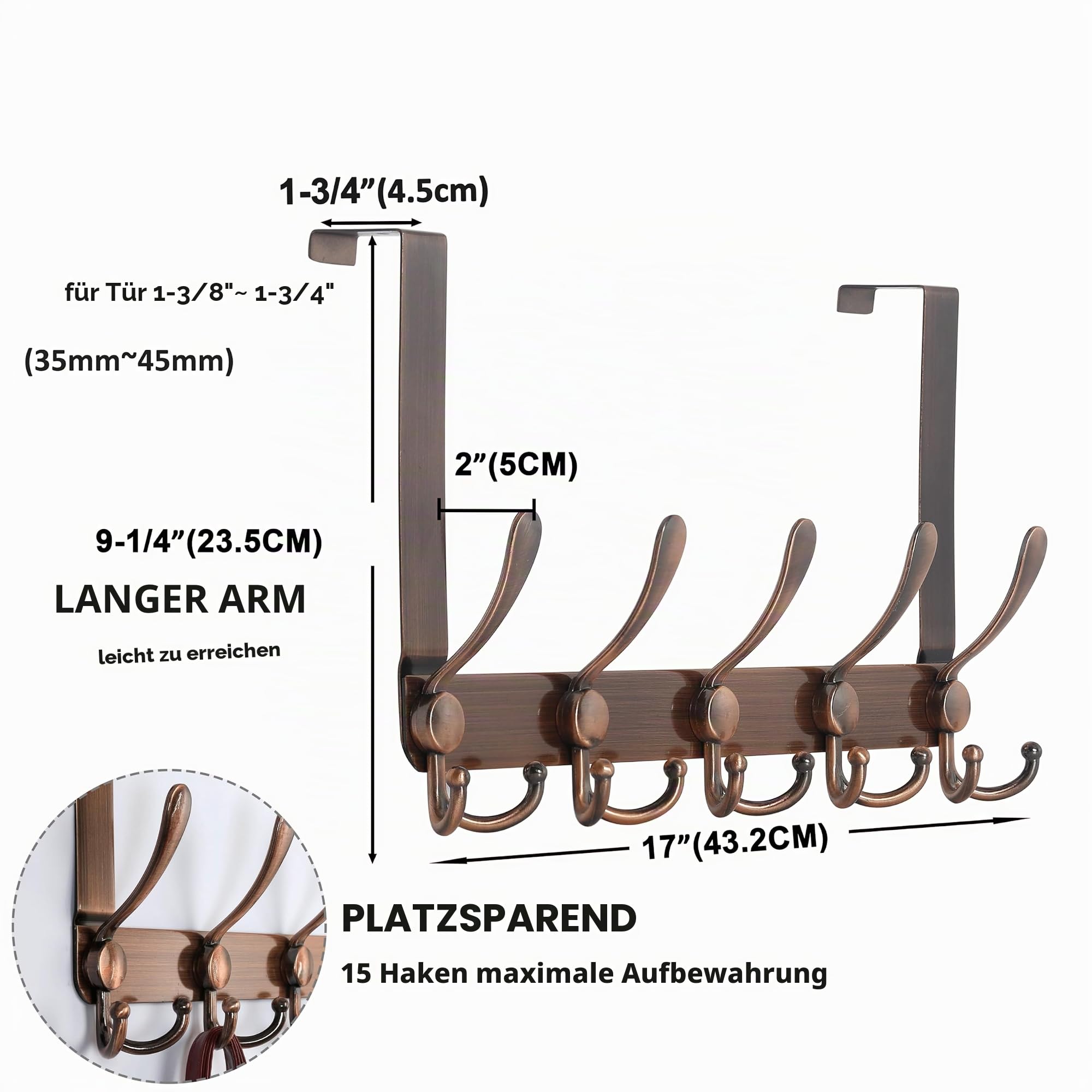 Dseap Türgarderobe zum Einhängen, Edelstahl Türhaken Innenseite, Türhakenleiste, Kleiderhaken Tür, Türaufhänger, für Kleidung Hut Handtuch Mantel, mit 5 Dreifachhaken, Antikes Kupfer, 2er Set