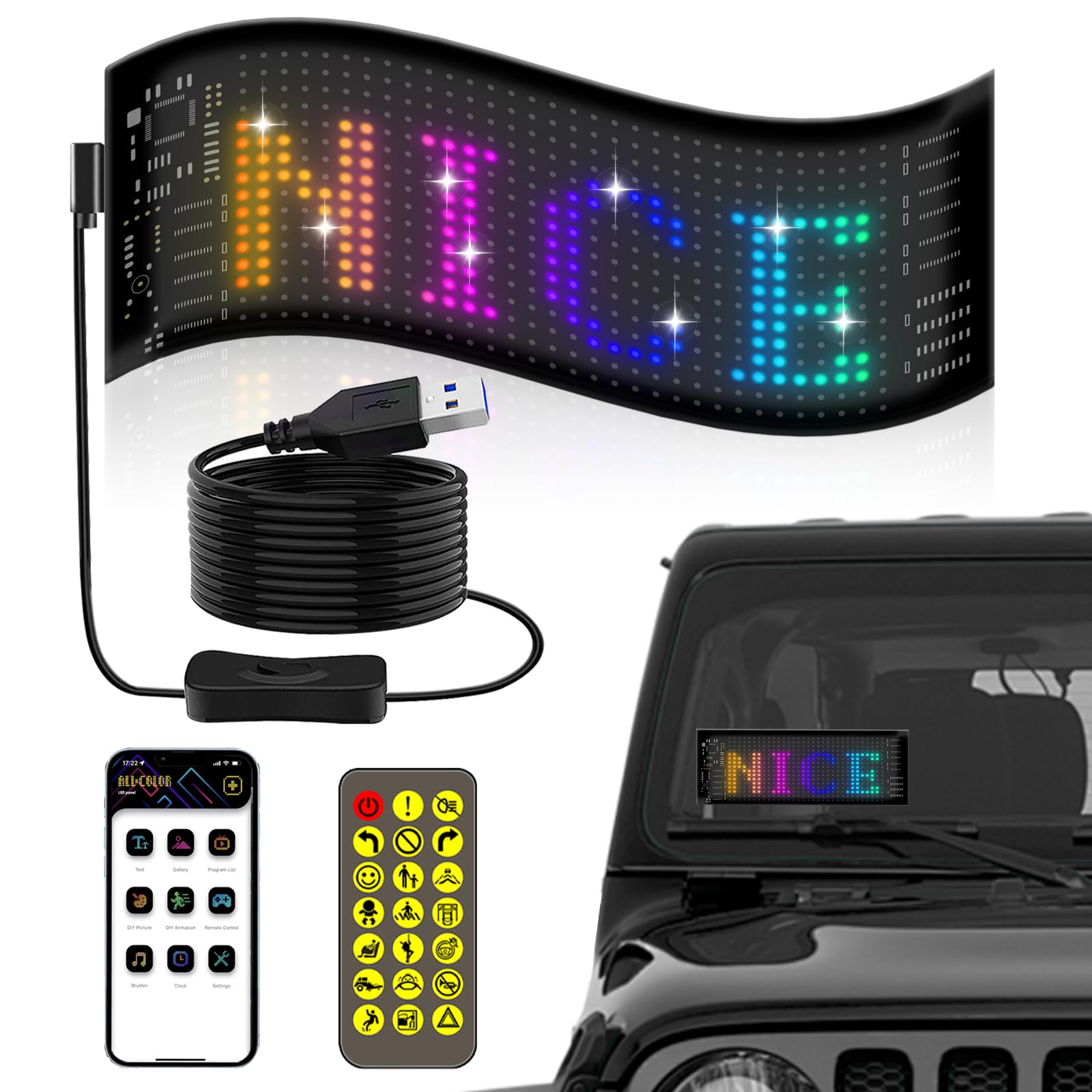 Programmable LED Sign, Bluetooth App Control LED Car Sign, Flexible Digital Sign, Custom Text Pattern Animation Scrolling LED Display Board for Store Bar Hotel Advertising Party Truck