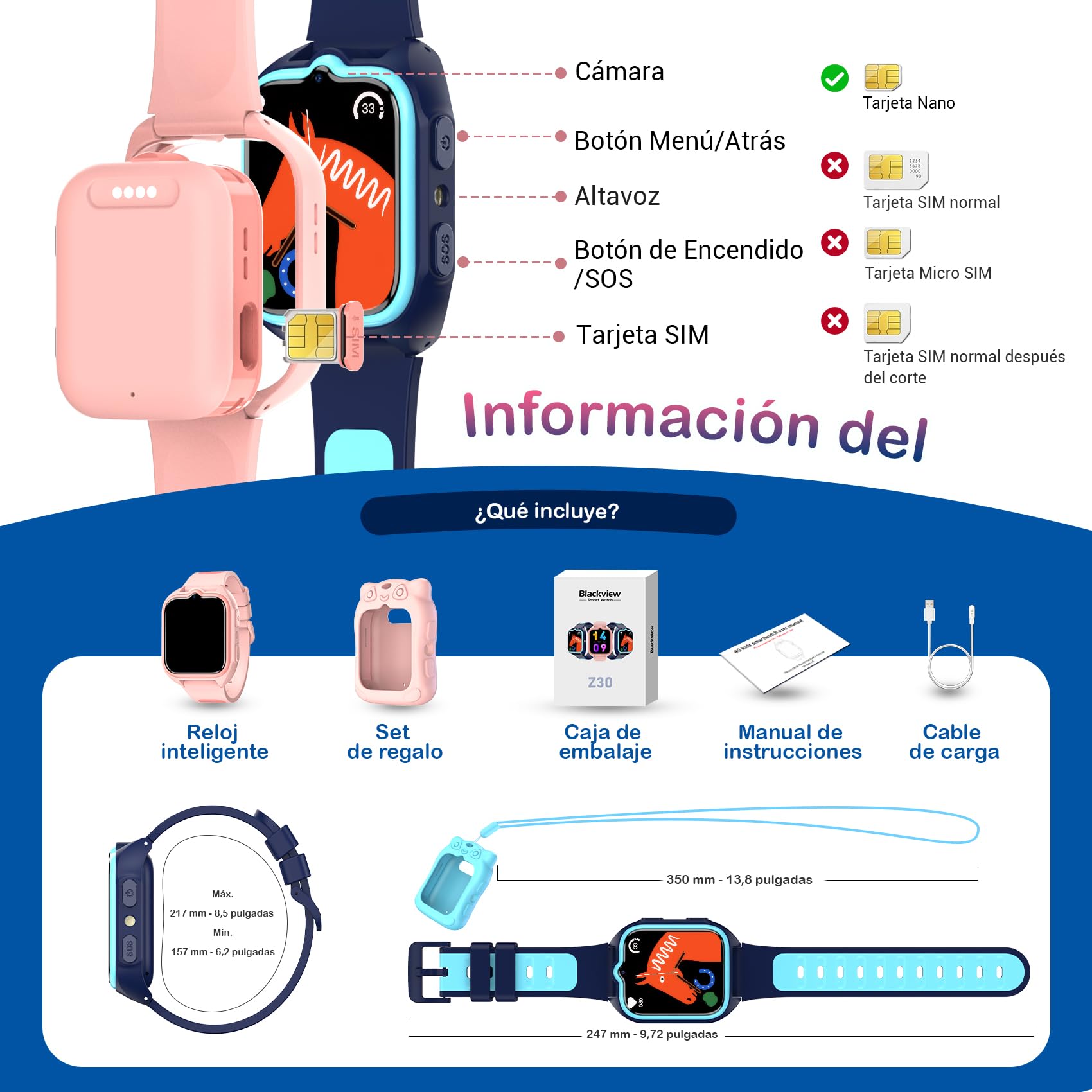 Blackview 4G Reloj Inteligente Niño con GPS, SOS, Videollamadas, Chat de Voz, 1.75” Smartwatch Niños con Podómetro, LED Linterna, Modo Escuela, Despertador, Juego, para Niños Niñas, Azul
