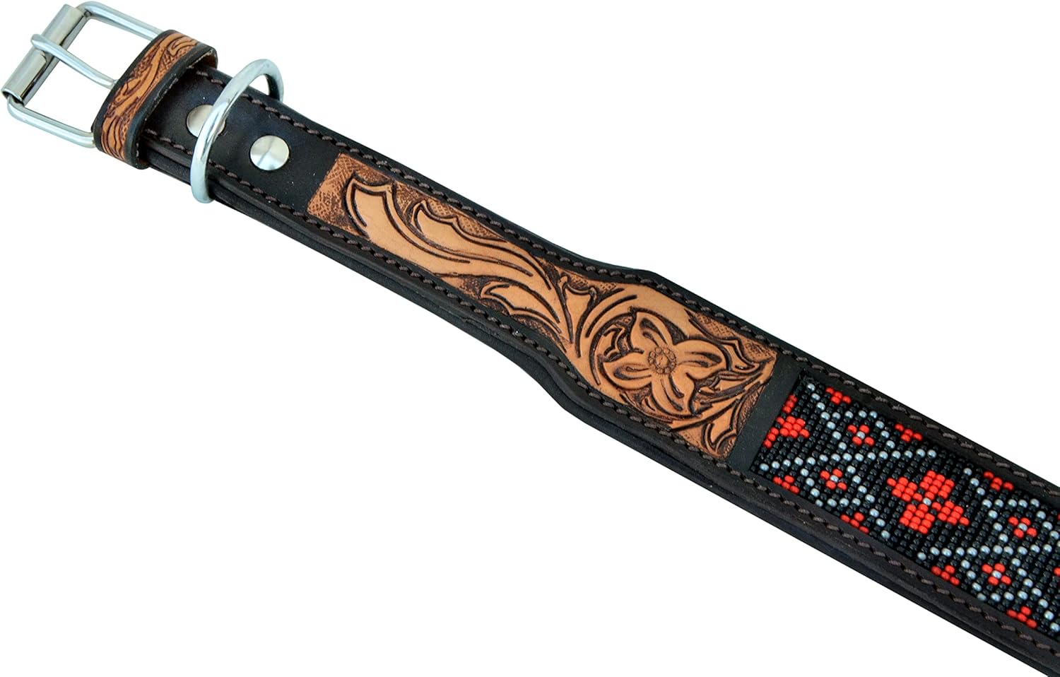 Leather Dog Collar Western Style Heavy Duty Hand Tooled Adjustable Beaded and Padded Soft for Puppies and Big Dogs 10AB005