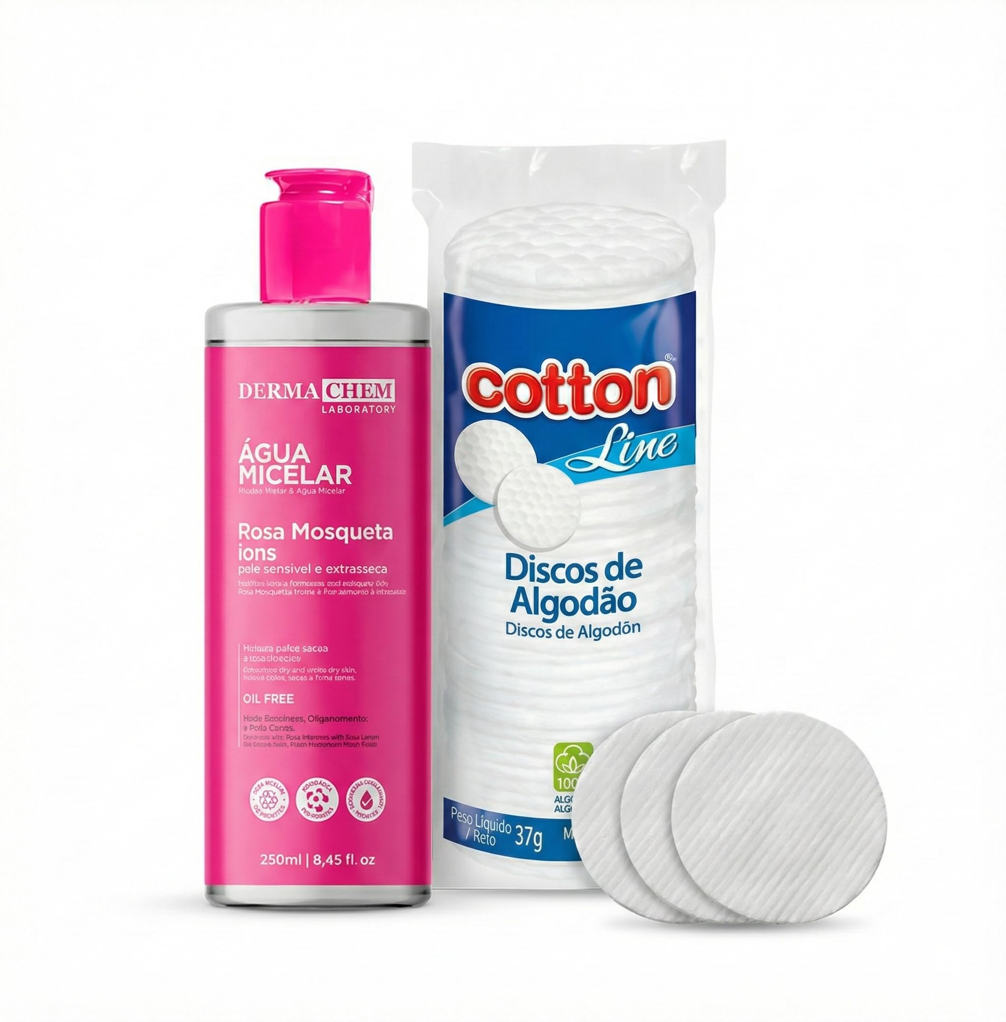 Dermachem Kit Limpeza Facial com Água Micelar Rosa Mosqueta 250ml | Discos de Algodão