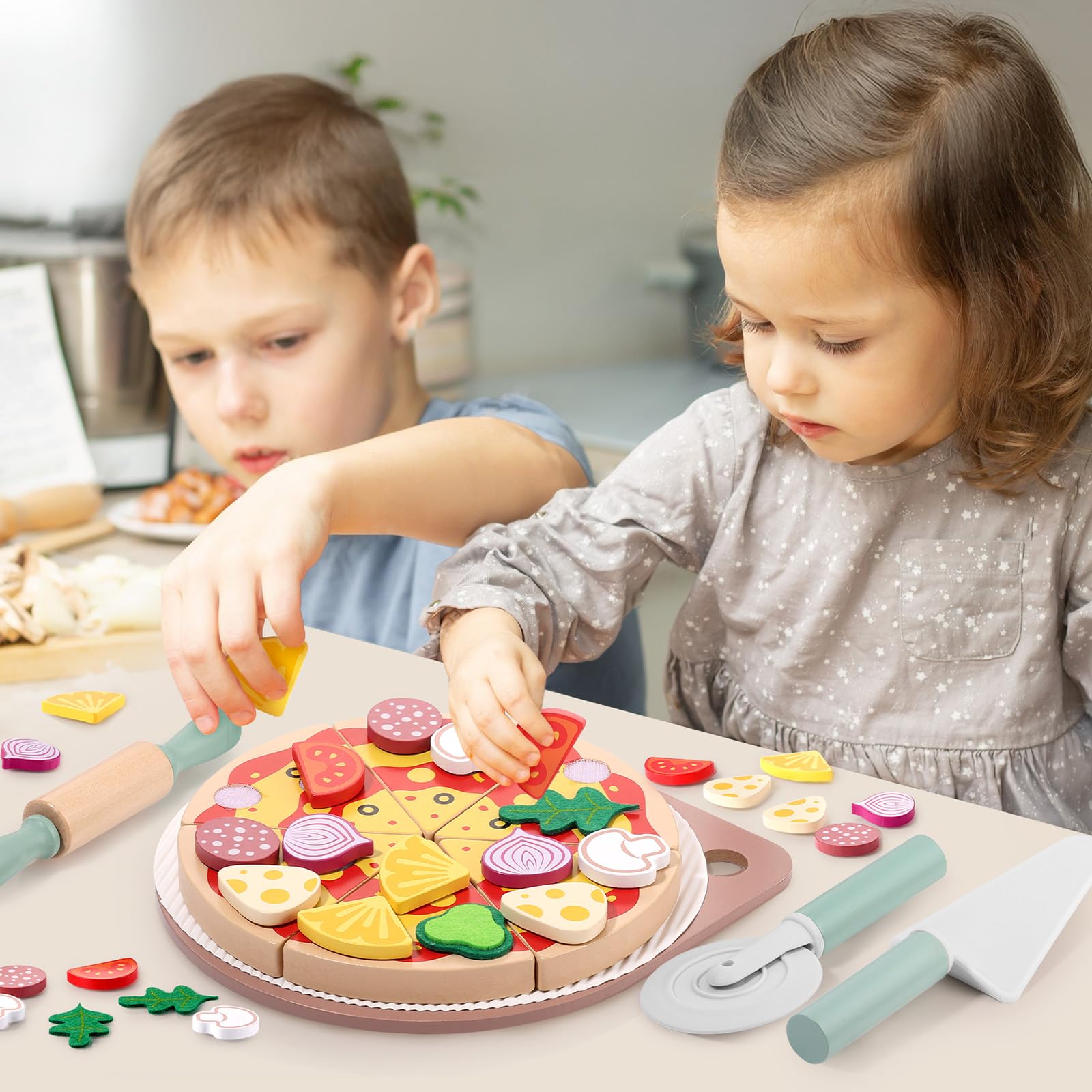 GAGAKU Set per pizza in legno - 27 pezzi Accessori da cucina per bambini 3-8 Giocattolo da cucina per pizza in legno Gioco di ruolo educativo