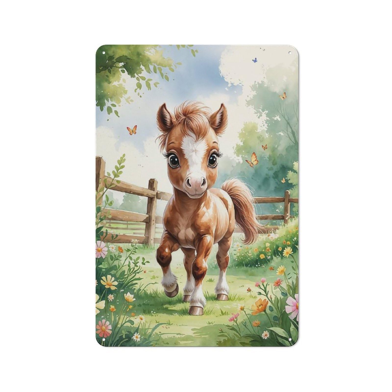 Decorative Metal Plaque with Cute Foal in Meadow Watercolor Design 30x20cm, Warehouse Style Loft Wall Plaque for Flat, Bar, Studio Or Gallery Wall