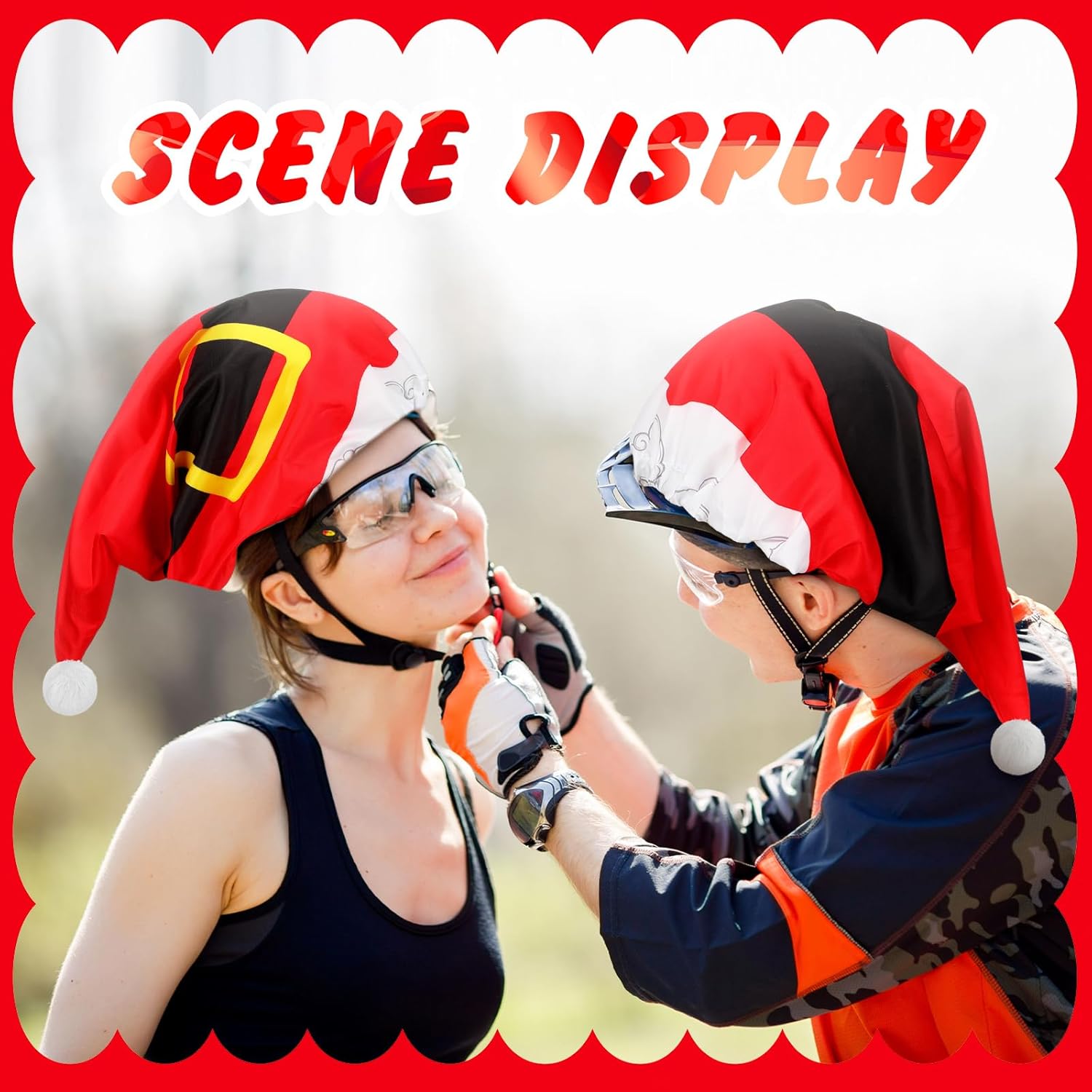 Copkim 4 Pcs Christmas Cycling Helmet Cover Rainproof Santa Claus Hat Riding Helmet Decor Fun Waterproof Windproof Rain Cover for Bike Cycling Snowboard Rides Accessories Gifts Supply Adults