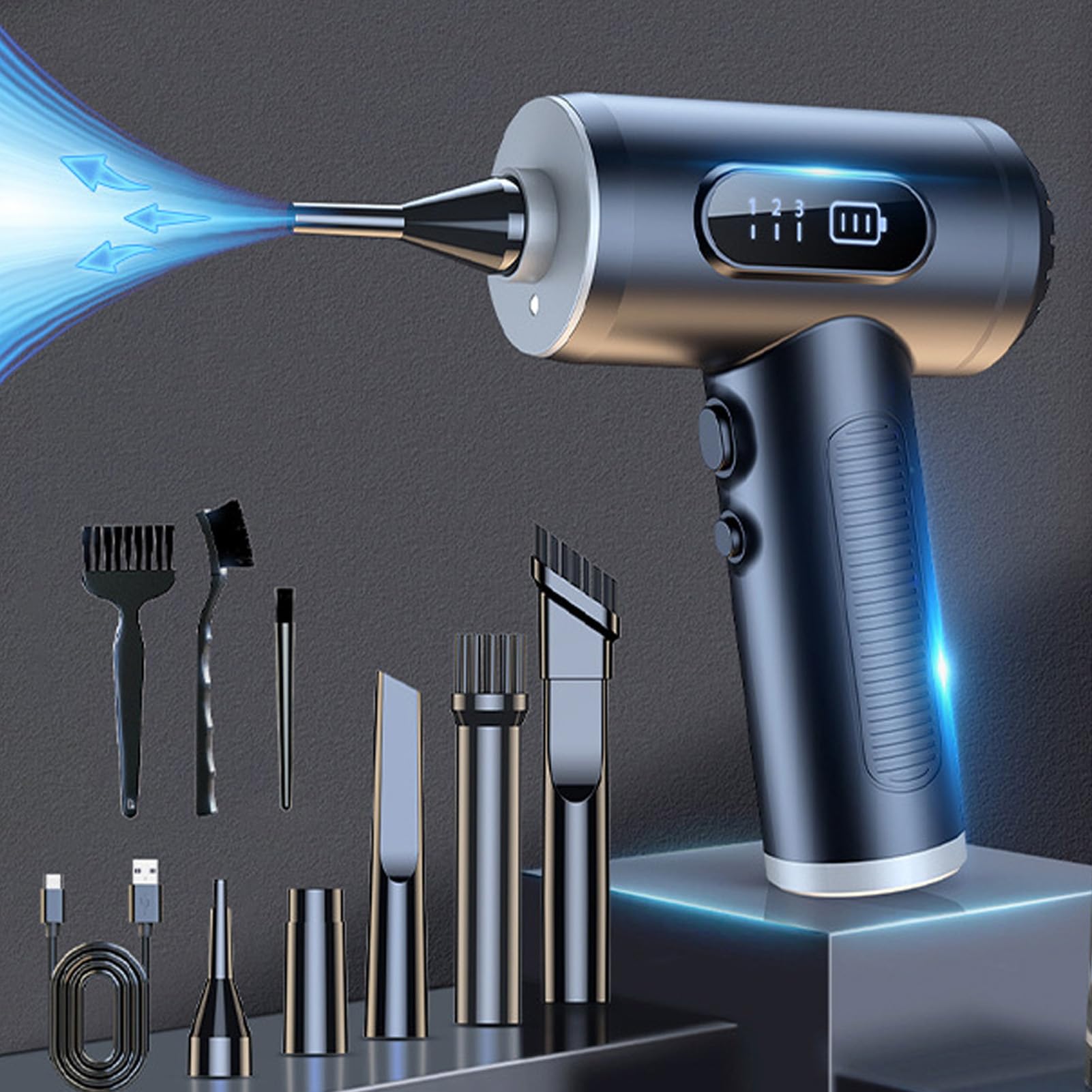 Spolverino elettrico per aria soffiatore d'aria senza fili con batteria ricaricabile a 3 ingranaggi, massimo regolabile, 50000 giri/min, 6000 mAh, con luce LED
