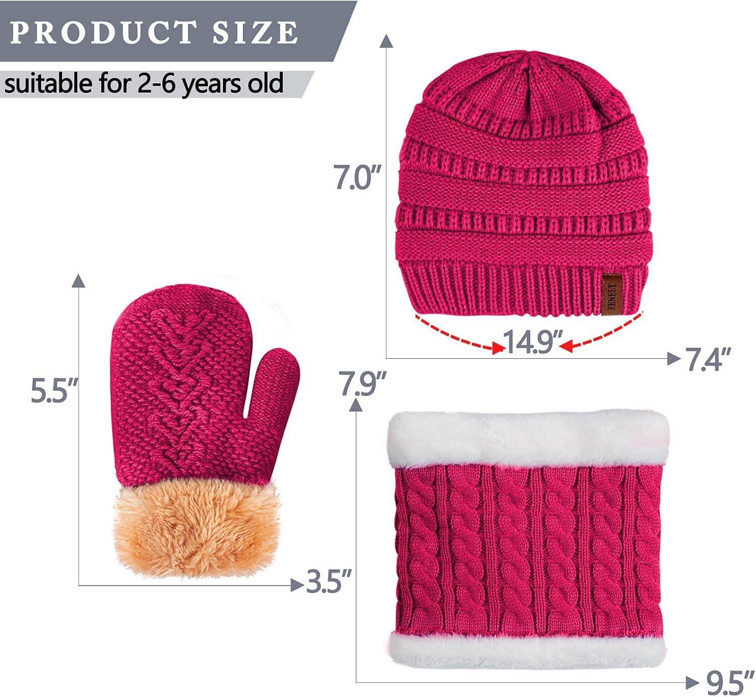 3Pcs Kids Winter Beanie Hat Scarf Gloves Set for 2-6-10-14 Years Old Boys Girls, Knit Thick Warm Fleece Lined Thermal Sets - Image 6