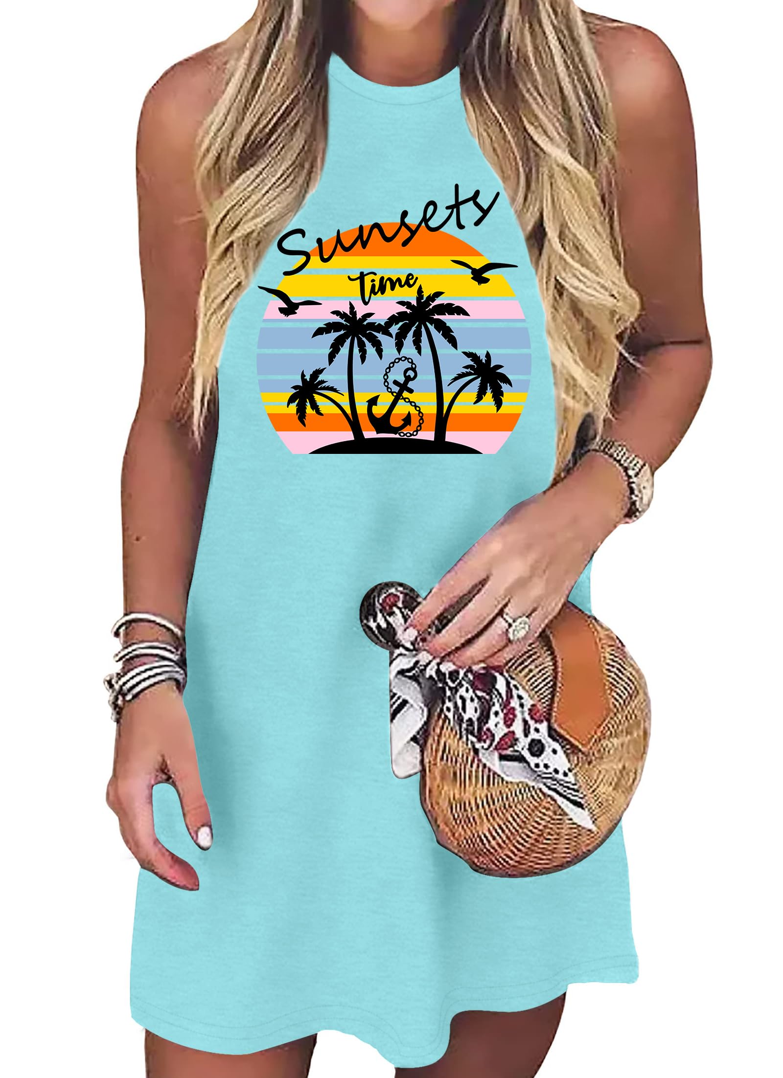 Summer Dress Hawaiian Dresses Sundresses for Women Sunsets Graphic Mini Tank Sleeveless Vacation Outfits