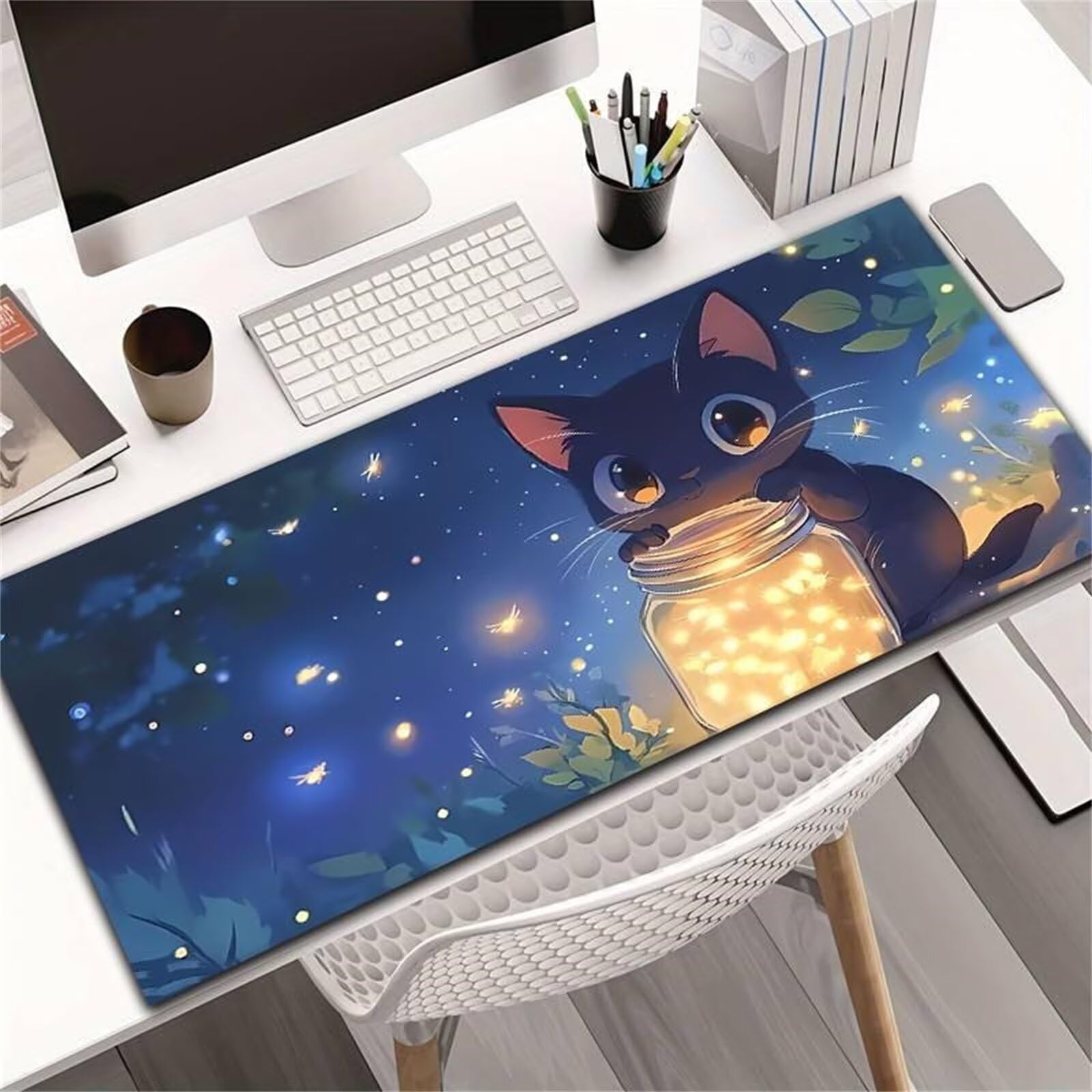 Tappetino Mouse Gaming XXL 1200x600x3 mm, Tappetino da Scrivania Grande, con Bordi Cuciti Rinforzati, Base in Gomma Antiscivolo, Tappetino per Tastiera Lavabile per PC e Laptop, Gatti Notte Stellata