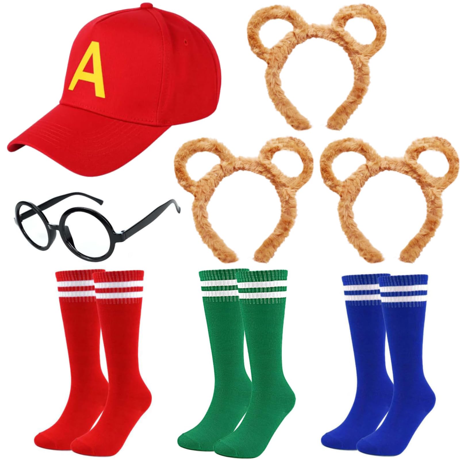 Kavoc8 Pieces Chipmunks Costumes Set Include 3 Pieces Chipmunk Ears Headband，3 Pairs Soccer Socks，1 Piece Black Round Frame Glasses And 1 Red Cap Animal Costume for Adults Teens World Book Day Party