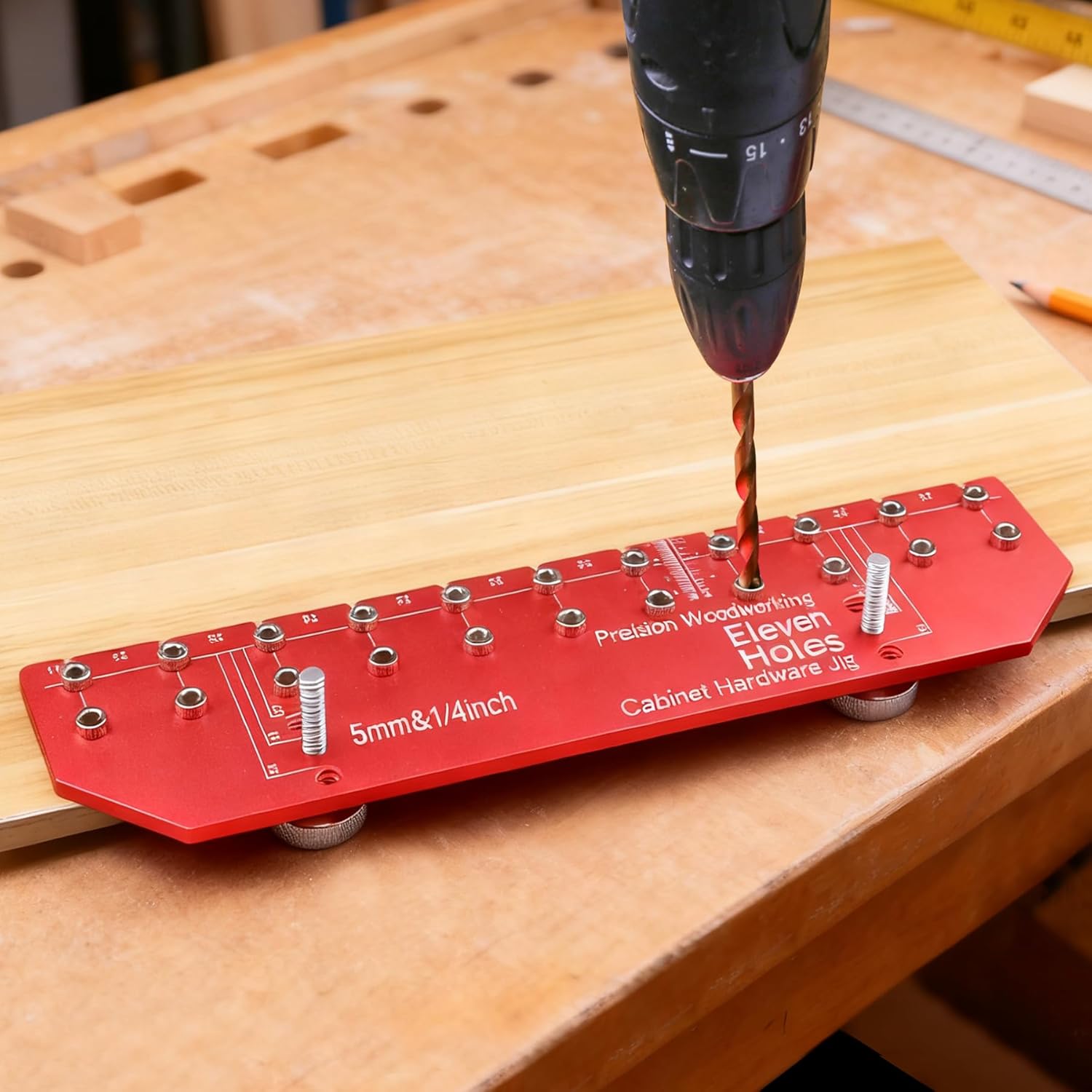 Aiwaiufu 11 Holes Shelf Pin Jig, Self-Clamping Hinge Jig 11-Hole Shelf Pin Drill Guide, Fits 1/4 Inch and 5mm Bits, Cabinet Hardware Jig for Hole Drilling