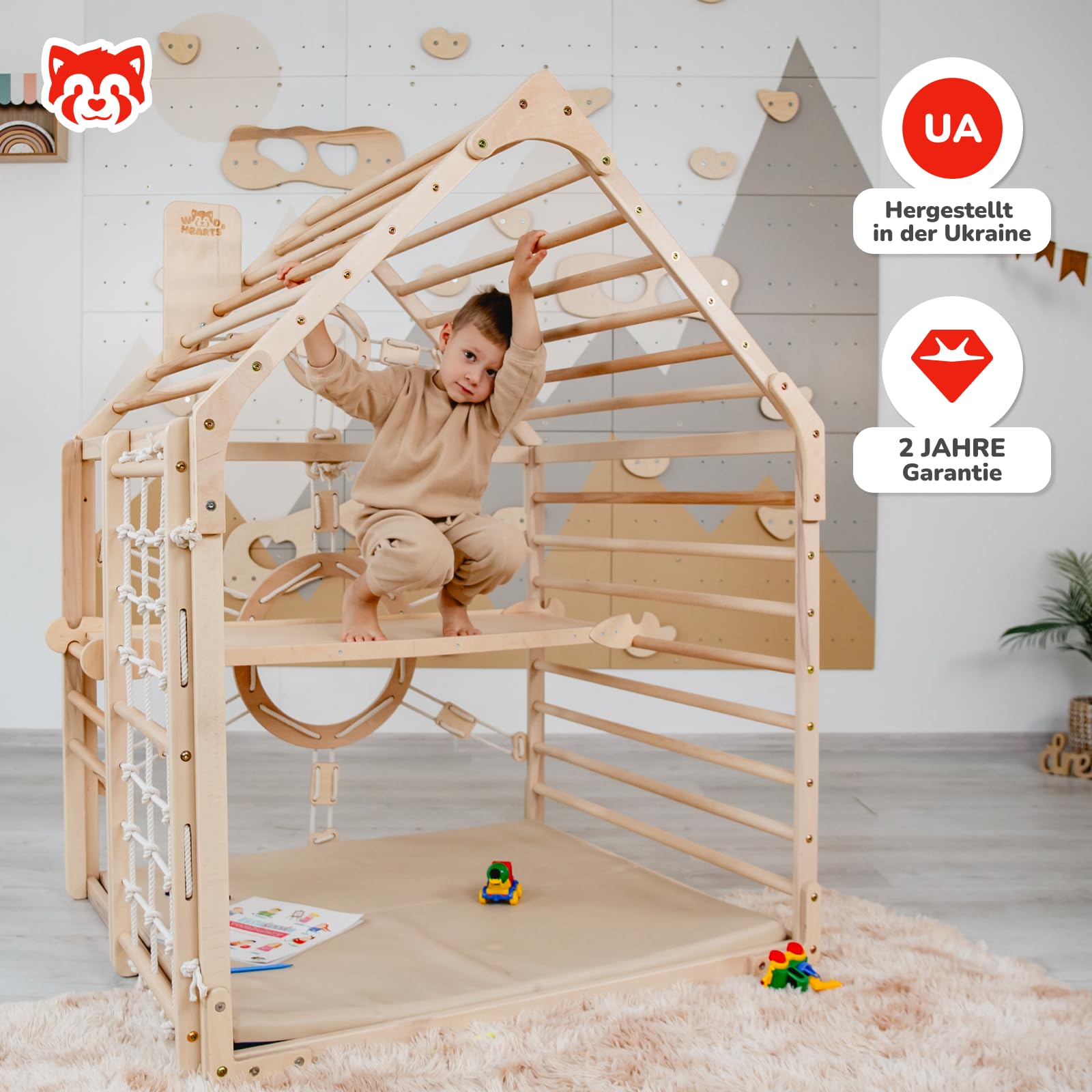 WoodandHearts Indoor Spielturm mit Rutsche & Schaukel – Kinderrutsche, Turnringe & Kletterseil – Baby Schaukel Indoor – Kletterwand Kinderzimmer & Spielhaus für Zuhause