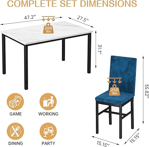 Miniatura 3 de Recaceik Juego de mesa de comedor para 4, juego moderno de 5 piezas con mesa de cocina de mármol sintético y 4 sillas tapizadas en terciopelo, juego