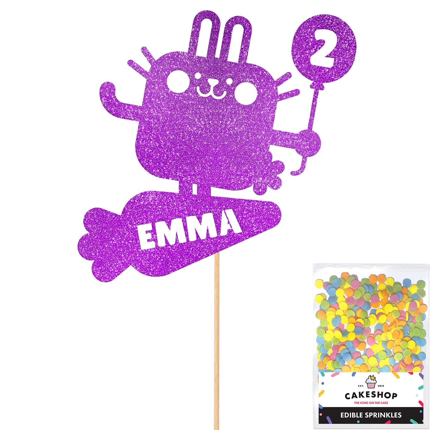 Personalised Pet Bunny Rabbit Glitter Cake Topper- Purple Any Custom Age & Name Glitter Cake Decoration and Sprinkles - Happy Birthday Decorations - Personalised Toppers for Cakes by Cakeshop — image 1